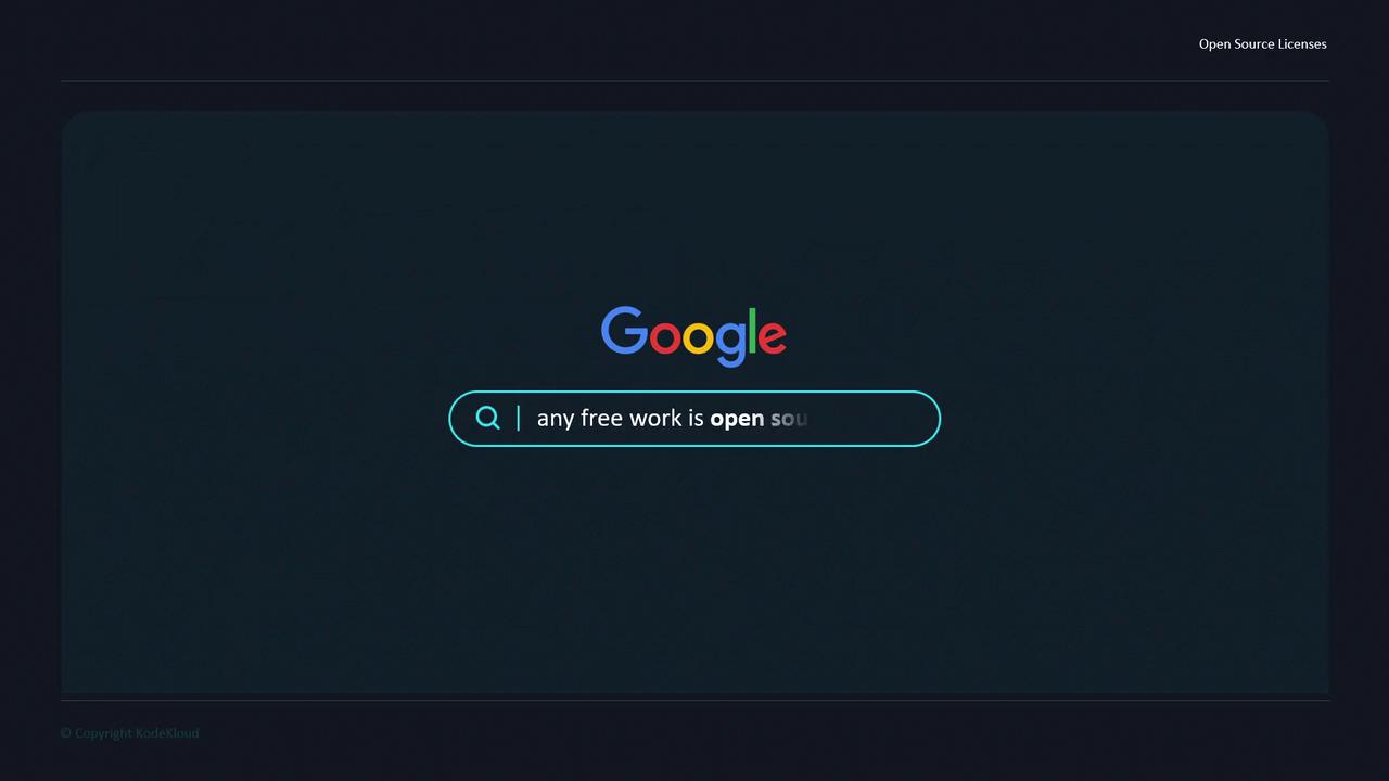The image shows a Google search bar with the text "any free work is open source" typed in. The background is dark, and the Google logo is prominently displayed above the search bar.