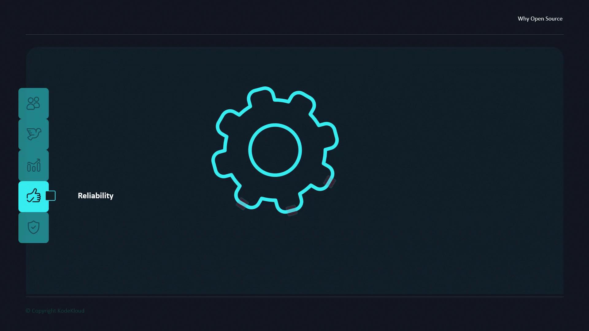 The image shows a dark interface with a large gear icon in the center and a sidebar on the left with icons, highlighting "Reliability" with a thumbs-up symbol.