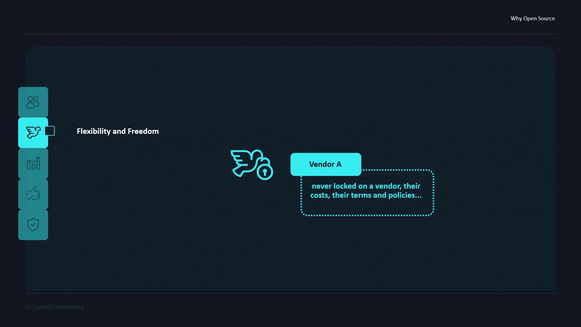 The image is a slide highlighting "Flexibility and Freedom" with an icon of a bird and lock, emphasizing not being locked to a vendor's costs, terms, or policies.