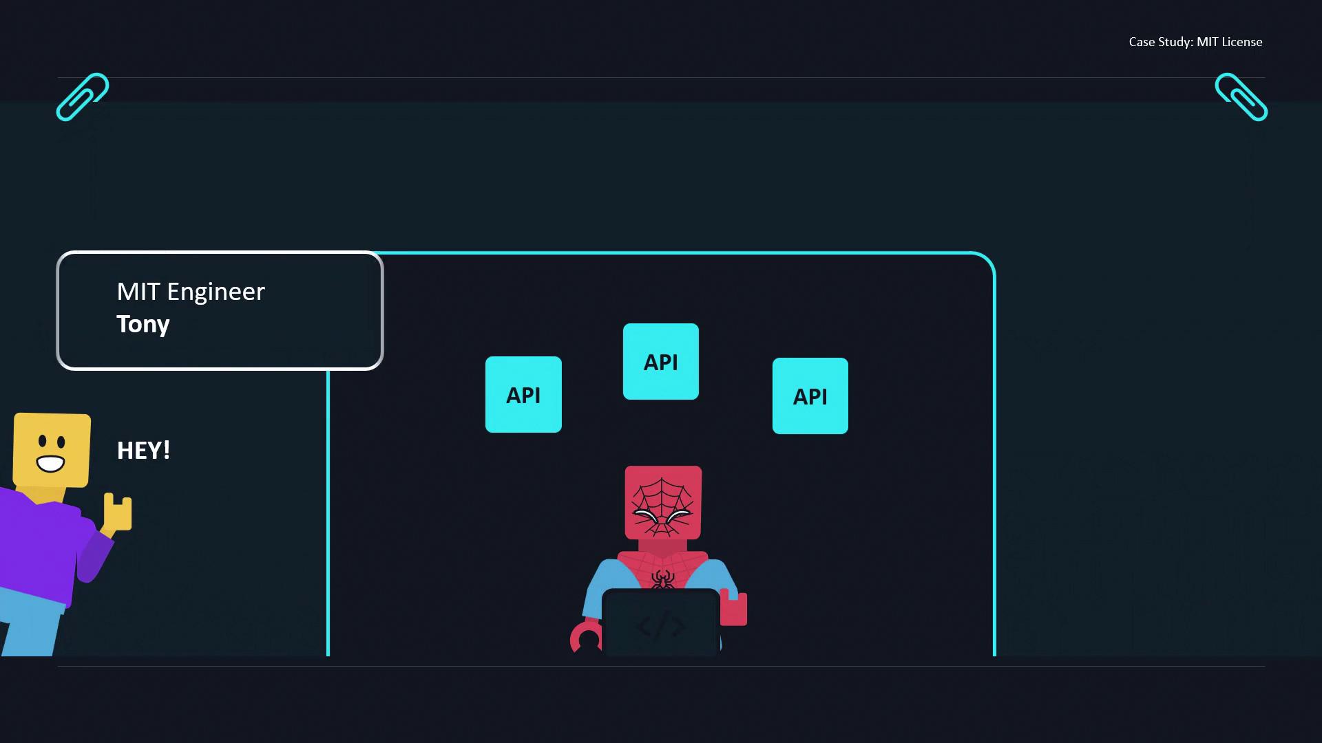 The image features a cartoon character labeled "MIT Engineer Tony" working on a laptop with three "API" blocks above. Another character on the left is saying "HEY!"