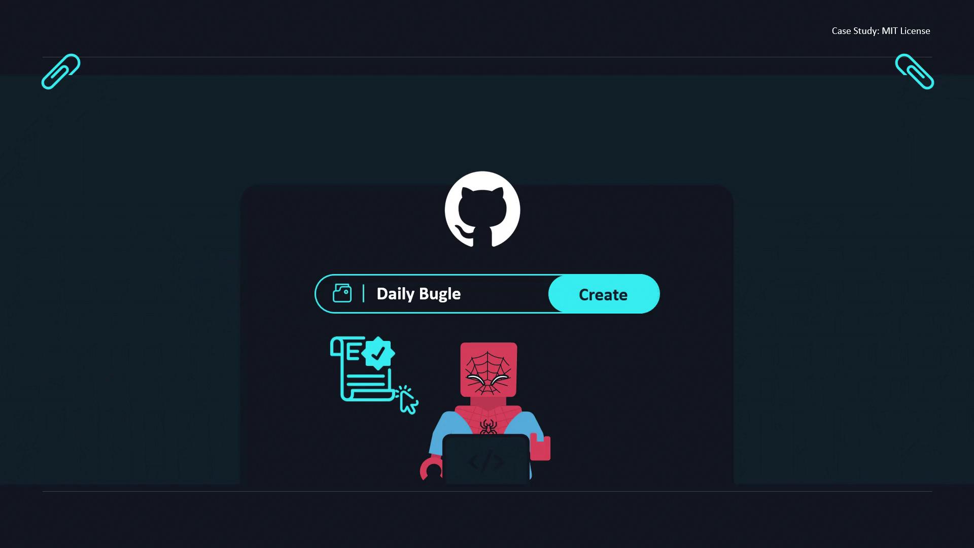 The image features a stylized illustration of a character resembling a superhero with a spider emblem, sitting at a laptop. Above is a GitHub logo and a "Create" button next to the text "Daily Bugle."