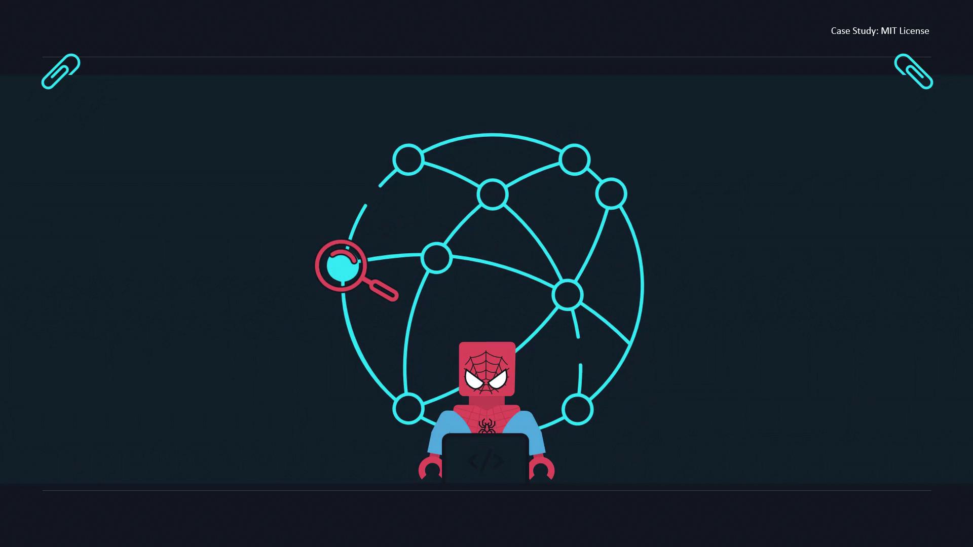 The image shows a stylized character resembling a superhero sitting at a laptop, with a network diagram and magnifying glass in the background.