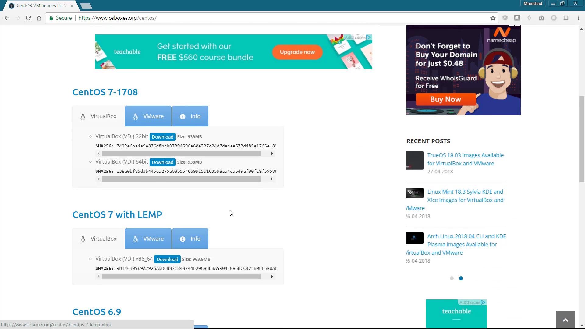 The image shows a webpage from osboxes.org offering CentOS VM images for download, with options for VirtualBox and VMware. It includes download links, file sizes, and SHA256 checksums, along with advertisements and recent posts.