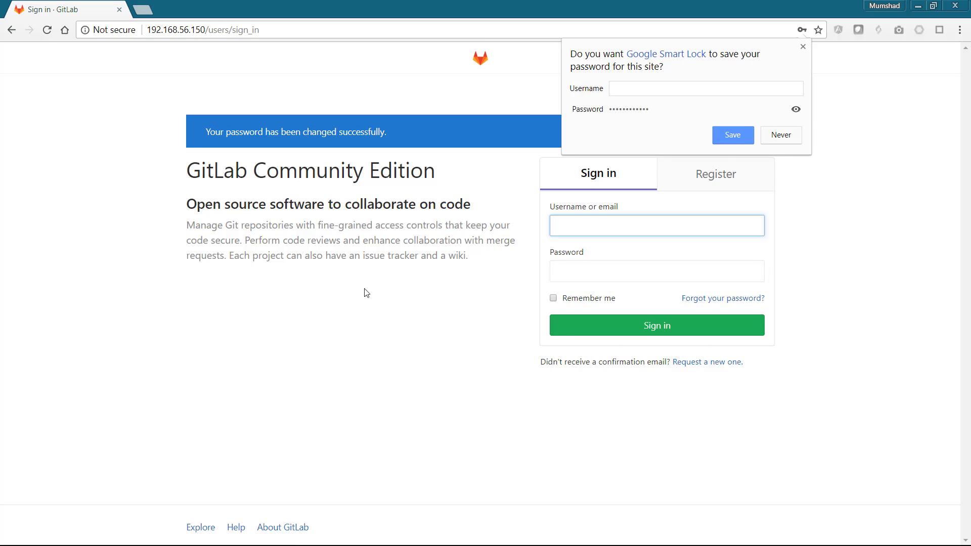 The image shows a GitLab Community Edition sign-in page with a prompt asking if the user wants to save their password using Google Smart Lock.