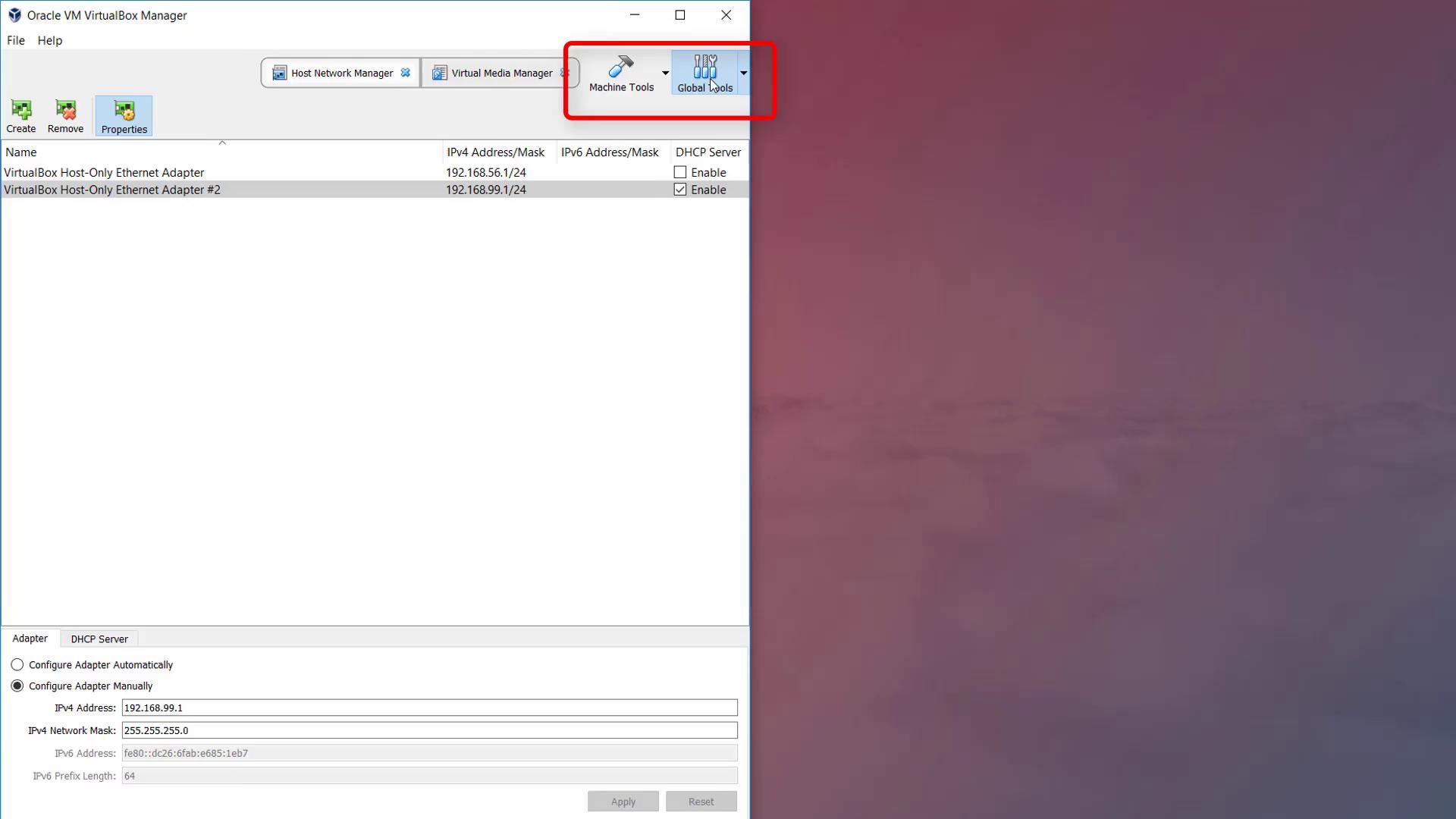 The image shows the Oracle VM VirtualBox Manager interface, specifically the Host Network Manager window, displaying details of two host-only Ethernet adapters with their respective IP addresses and DHCP server status.