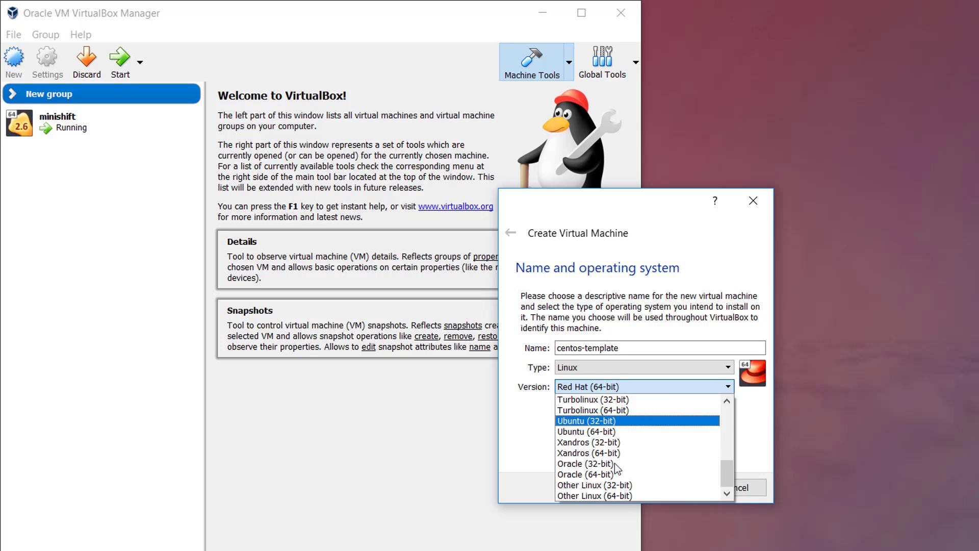 The image shows the Oracle VM VirtualBox Manager interface with a virtual machine named "minishift" running, and a "Create Virtual Machine" window open, where a user is selecting the operating system type and version.