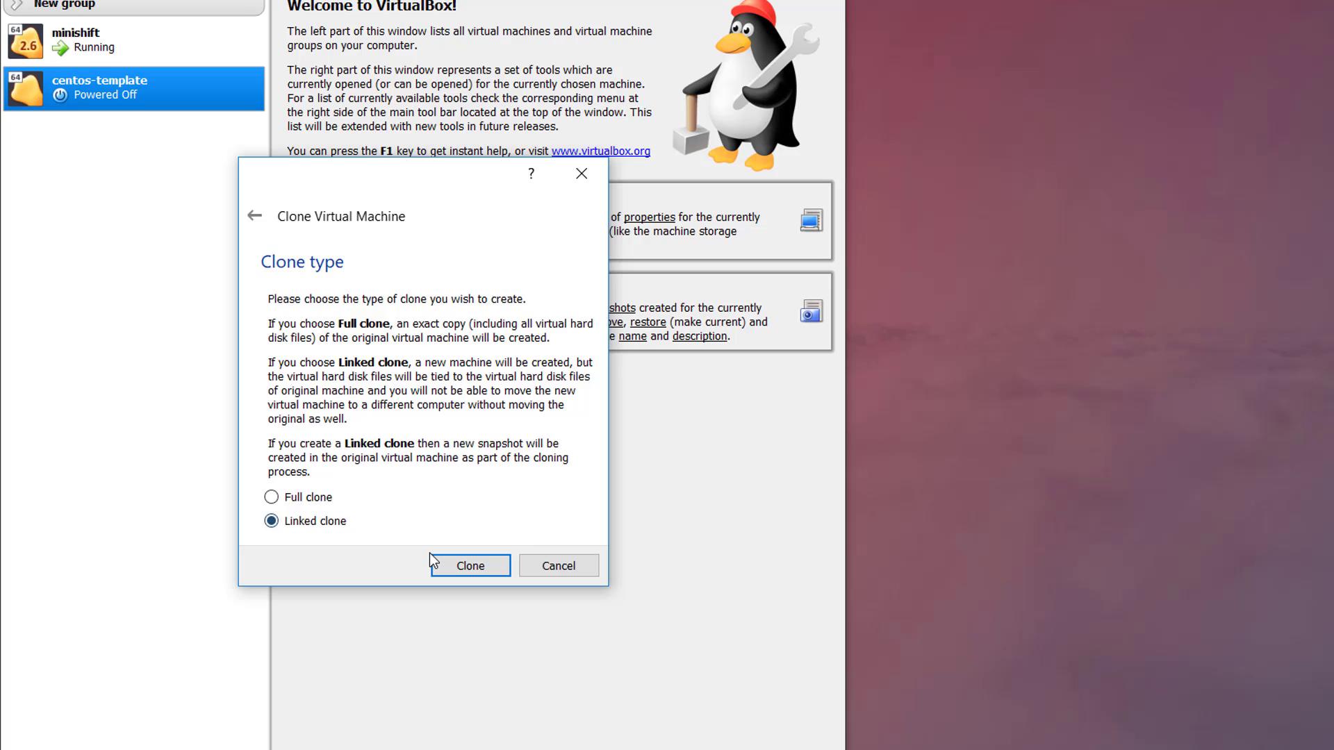 The image shows a VirtualBox interface with a dialog box for cloning a virtual machine, offering options for a full or linked clone.