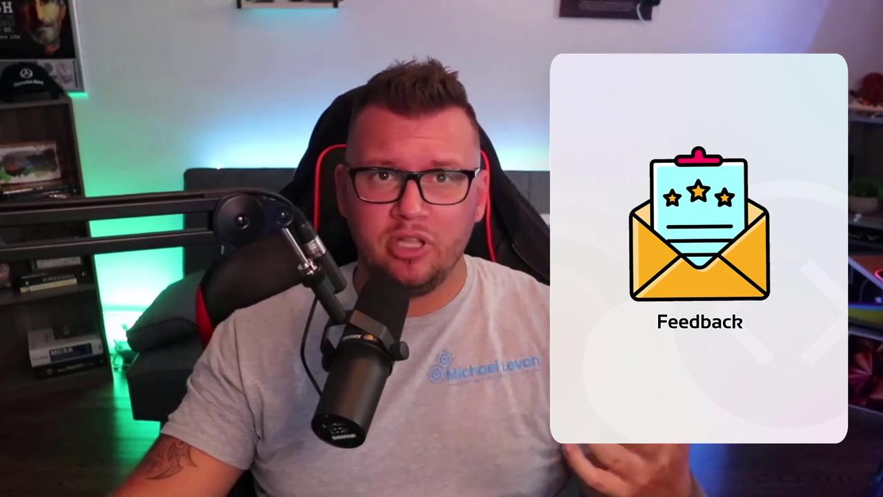 The image shows a person speaking into a microphone with a graphic overlay of an envelope and a document labeled "Feedback."