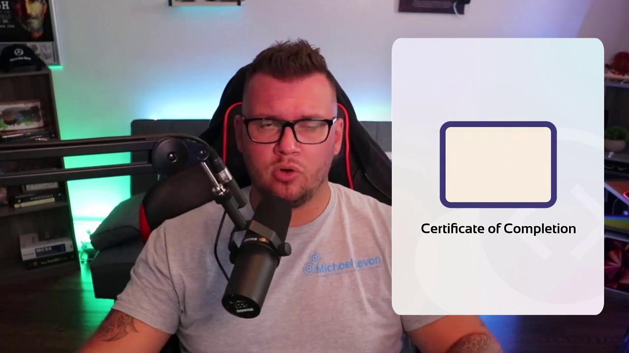 The image shows a person speaking into a microphone, with a graphic overlay of a "Certificate of Completion" on the right side.