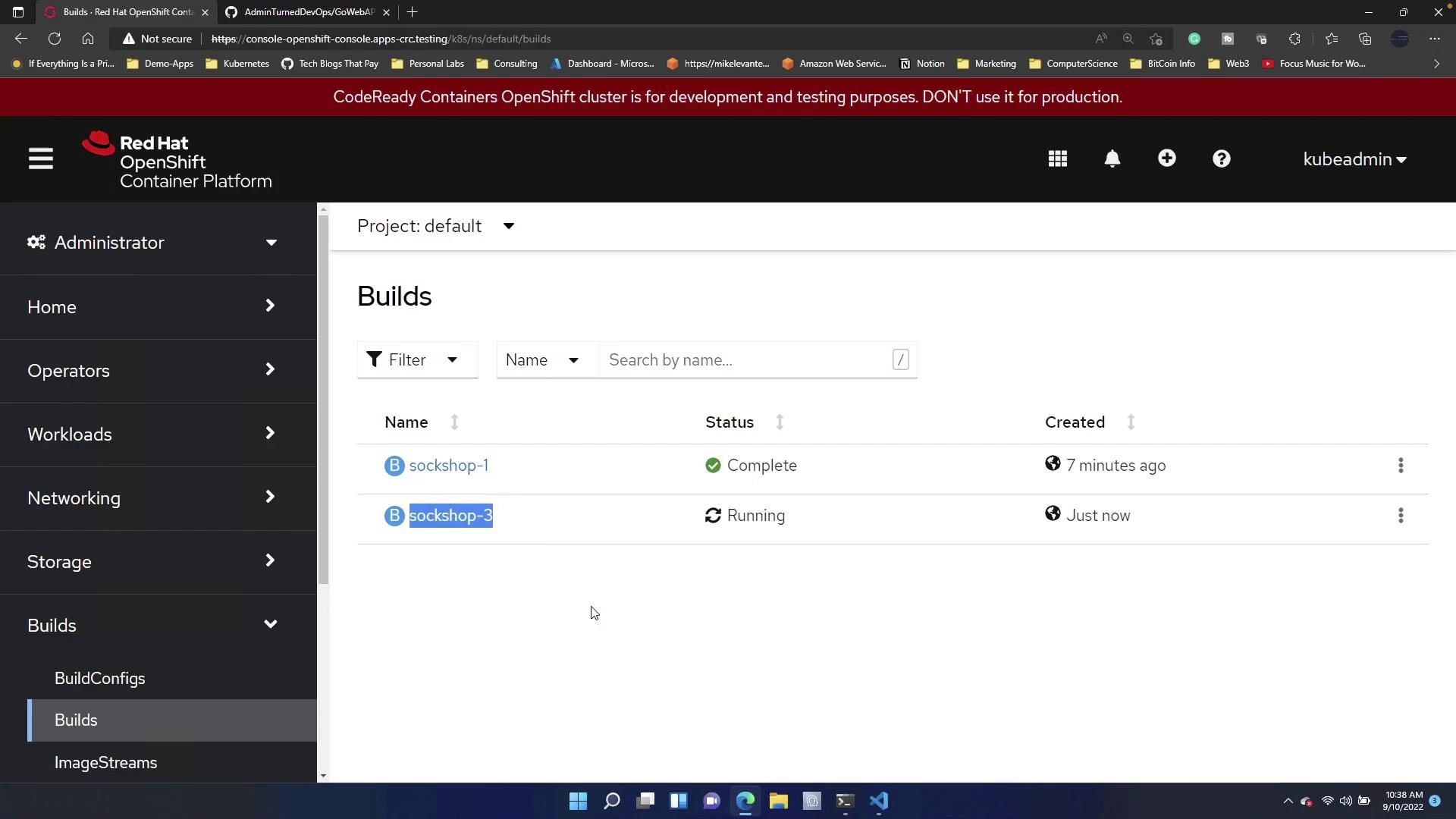 The image shows the Red Hat OpenShift Container Platform interface, displaying a list of builds with their statuses, where "sockshop-1" is complete and "sockshop-3" is running.