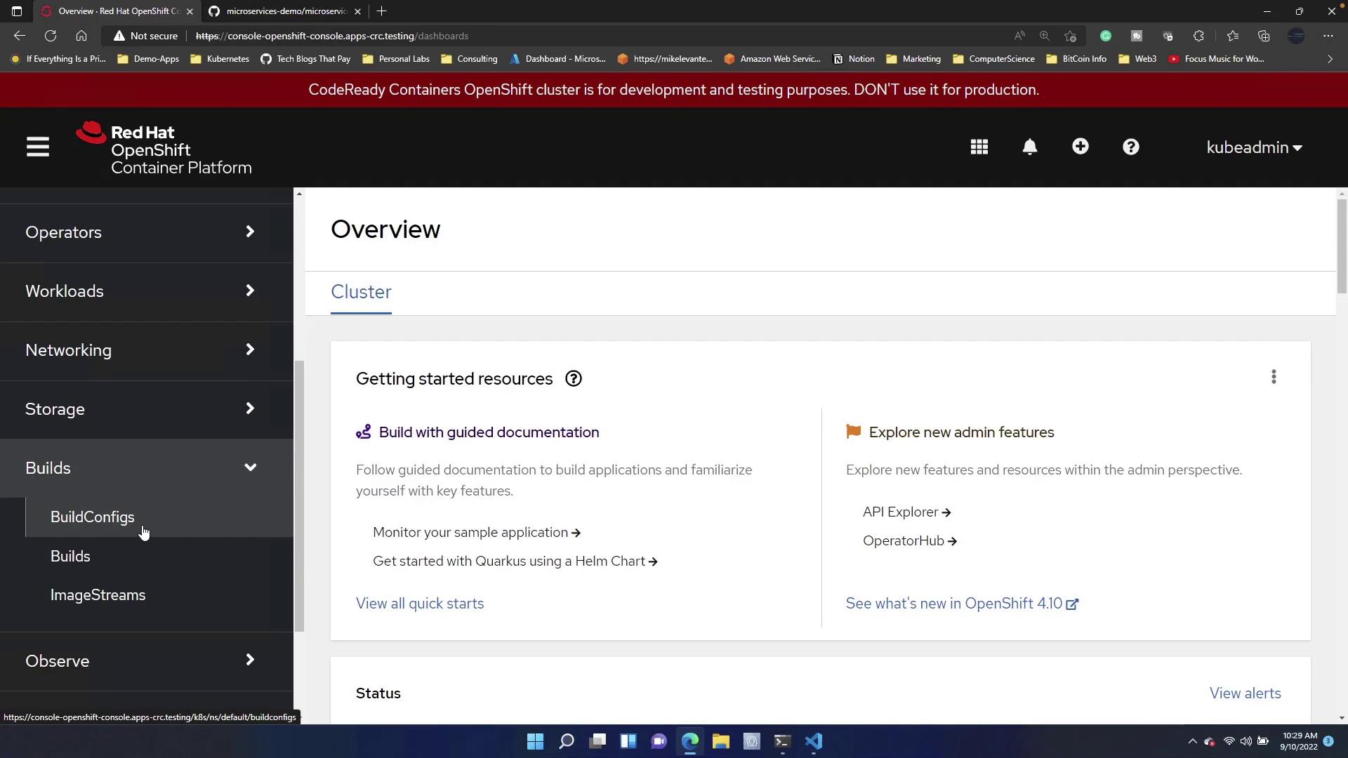 The image shows the Red Hat OpenShift Container Platform dashboard, featuring navigation options like Operators, Workloads, and Networking, with a focus on "BuildConfigs" under the Builds section. A warning at the top indicates the cluster is for development and testing purposes only.