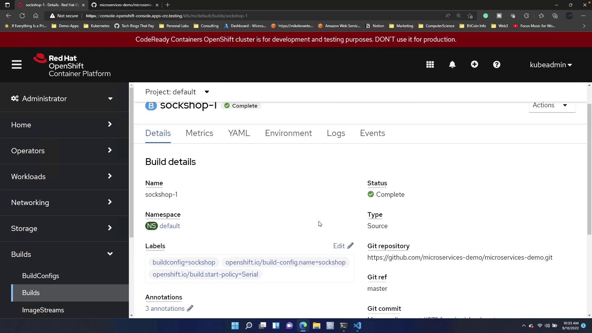 The image shows a Red Hat OpenShift Container Platform interface displaying build details for a project named "sockshop-1," with the build status marked as complete. The interface includes tabs for details, metrics, YAML, environment, logs, and events.