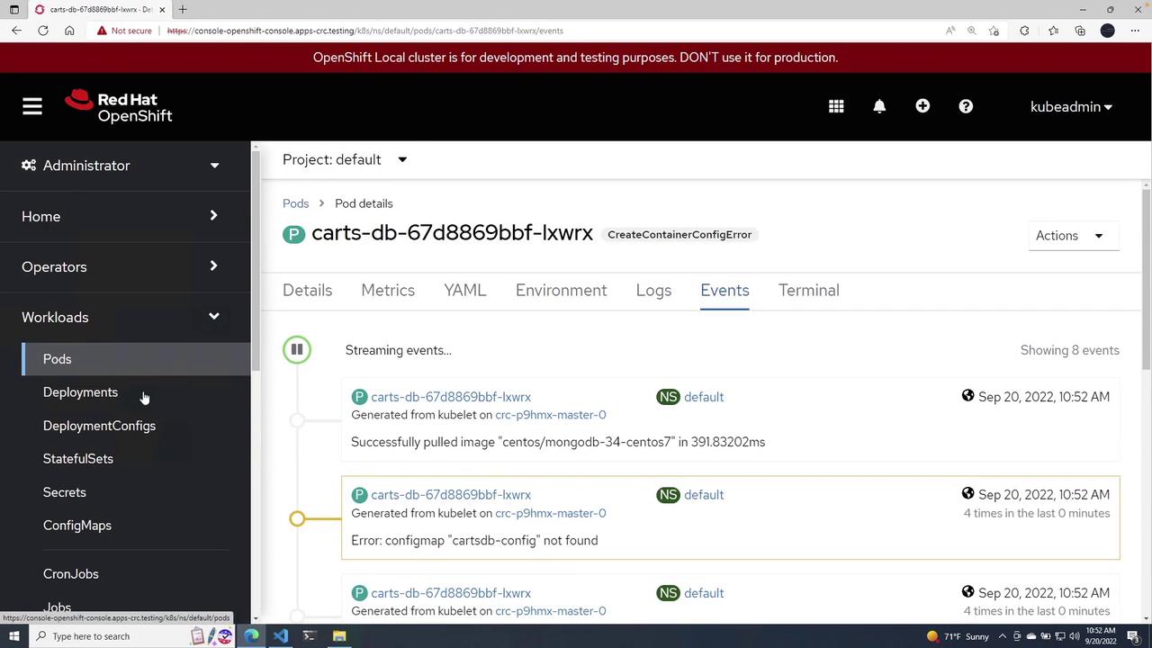 The image shows a Red Hat OpenShift console displaying details of a pod named "carts-db-67d8869bbf-lxwrx" with a "CreateContainerConfigError" and events related to a missing config map.
