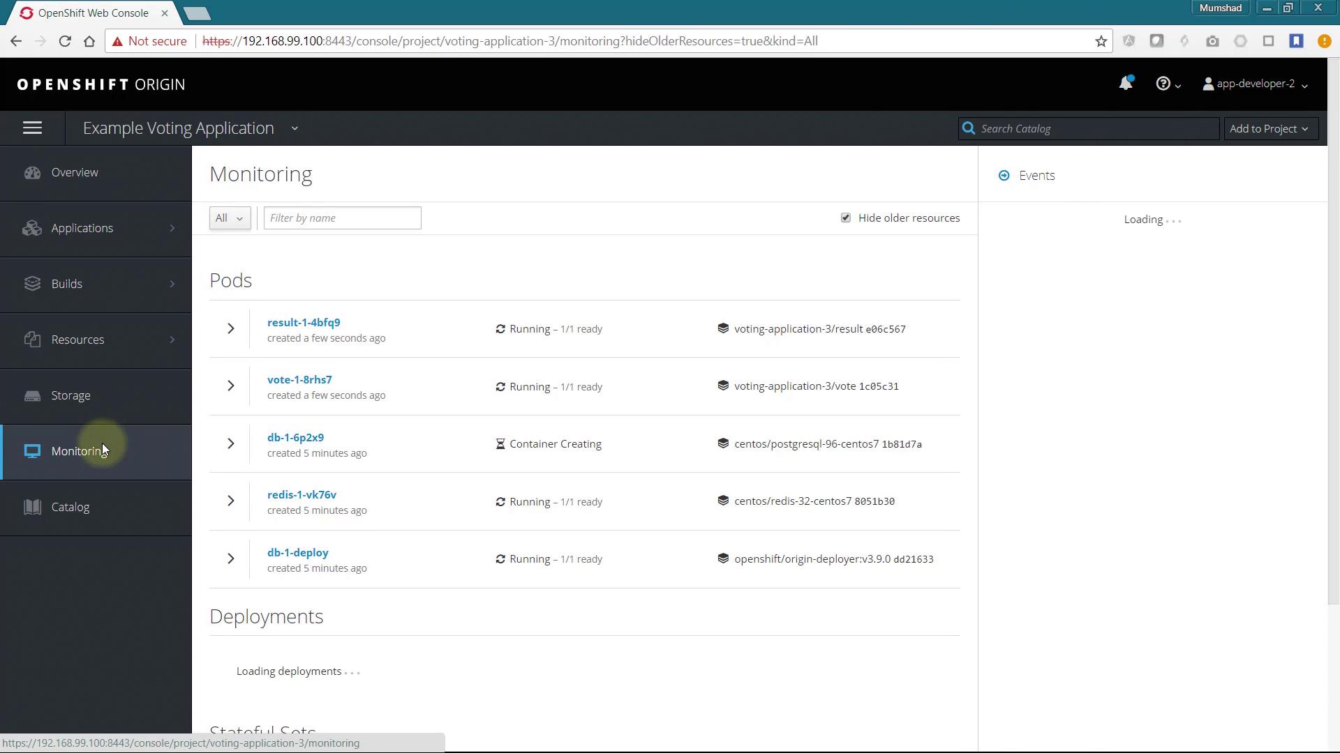 The image shows the OpenShift Origin web console displaying the monitoring section for an example voting application, listing the status of various pods and deployments.