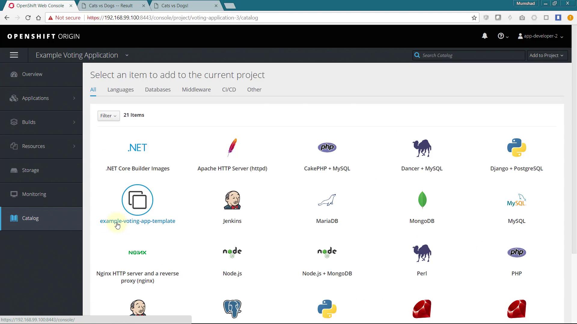 The image shows the OpenShift Origin web console with a catalog of items to add to a project, including various software and frameworks like .NET, Apache HTTP Server, Jenkins, and MongoDB.