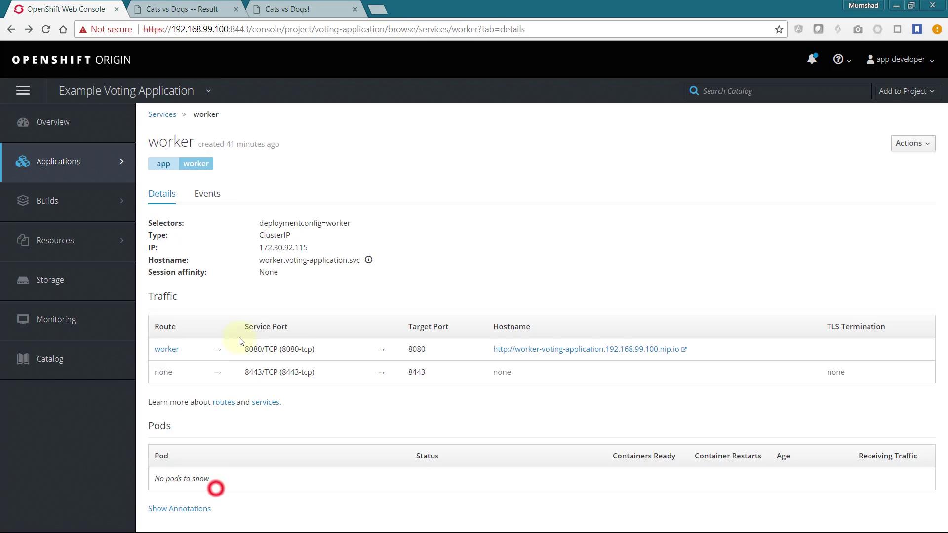 The image shows an OpenShift Origin web console displaying details of a service named "worker" within an "Example Voting Application" project. It includes information about service ports, target ports, and traffic routes, with no pods currently shown.