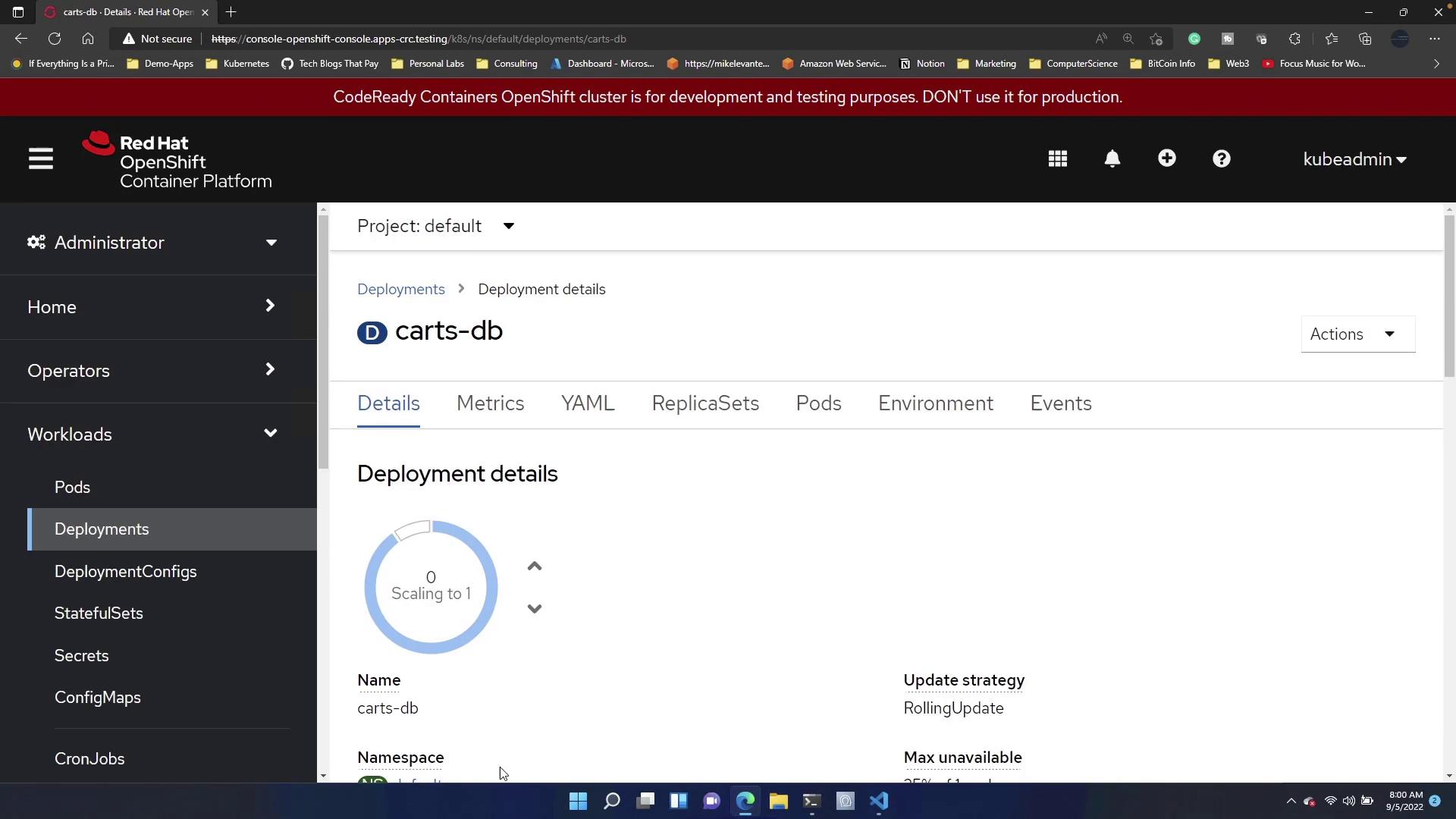 The image shows the Red Hat OpenShift Container Platform interface, displaying deployment details for "carts-db" with a scaling status. The sidebar includes options like Pods, Deployments, and ConfigMaps.