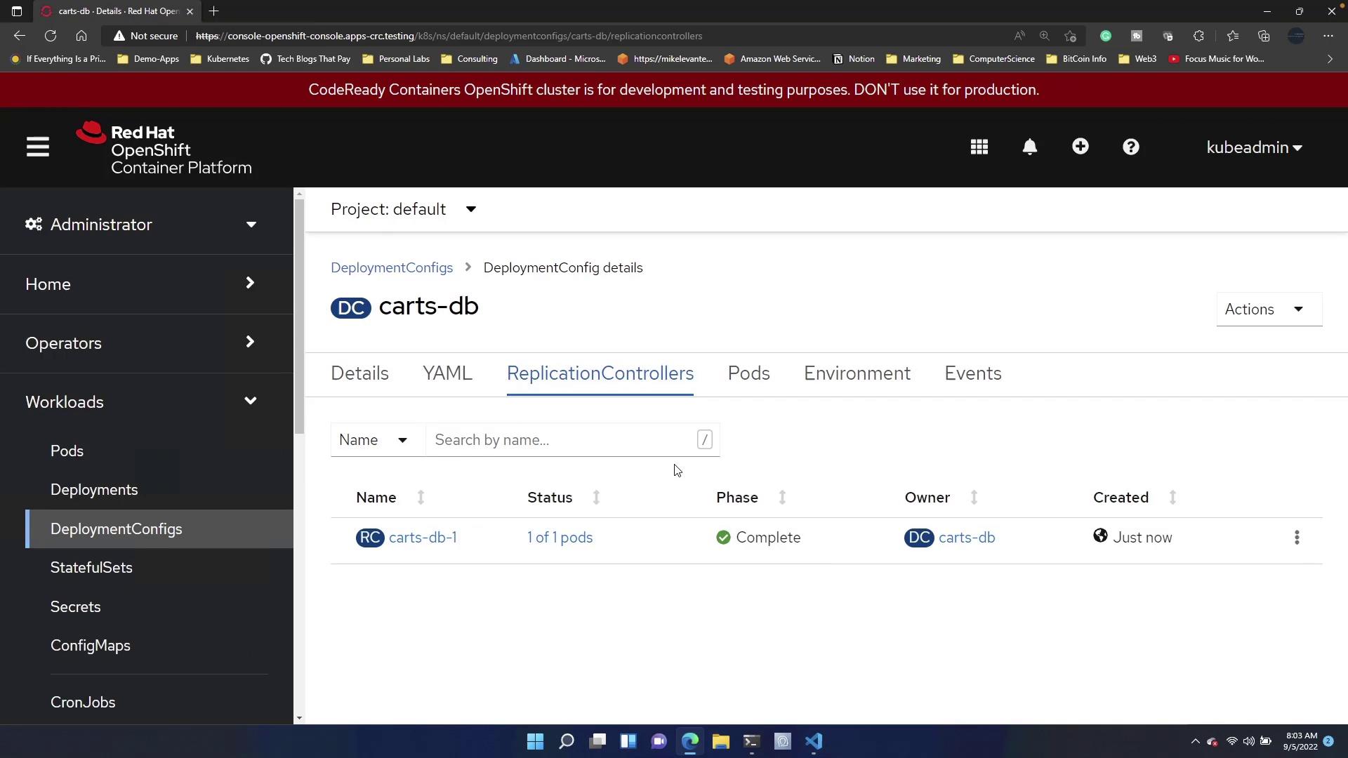 The image shows a Red Hat OpenShift Container Platform interface displaying details of a deployment configuration named "carts-db," with a replication controller tab open. The status indicates that one pod is complete.