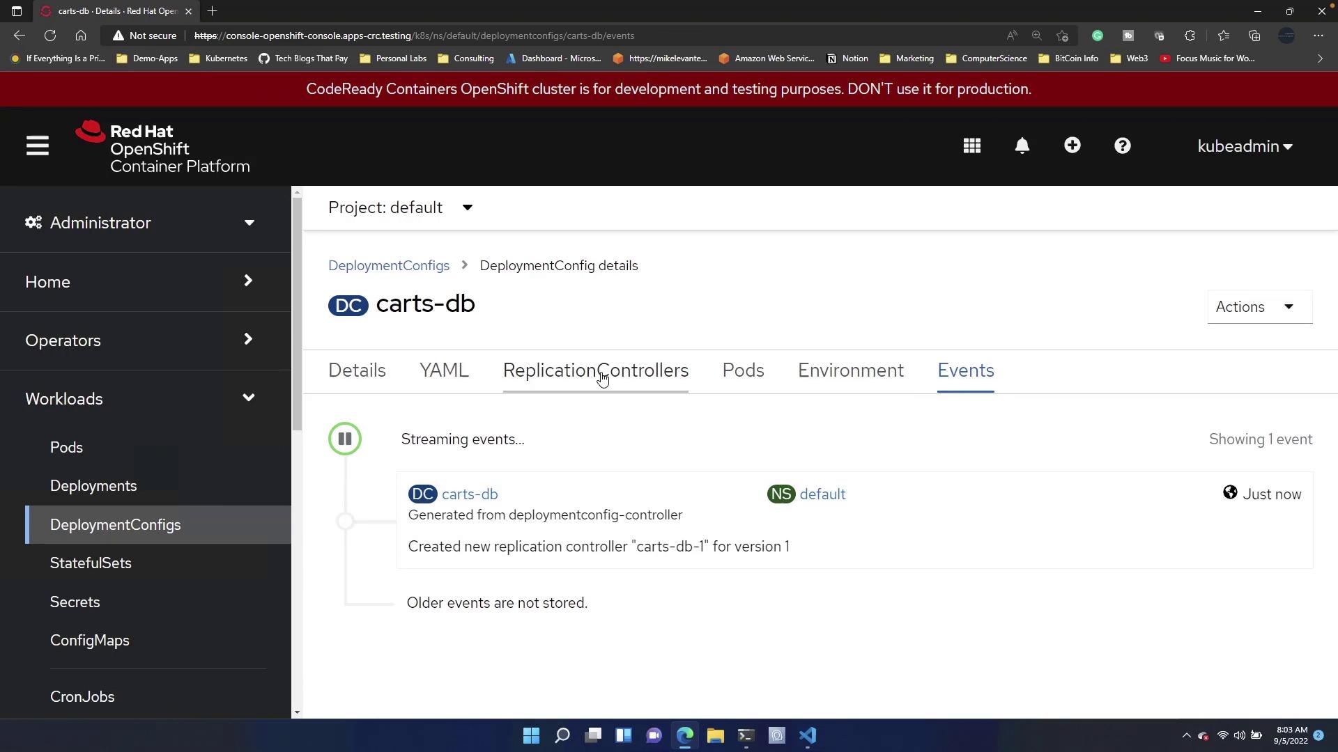 The image shows a Red Hat OpenShift Container Platform interface displaying the "carts-db" deployment configuration details, specifically the "Events" tab, with a notification about a new replication controller creation.