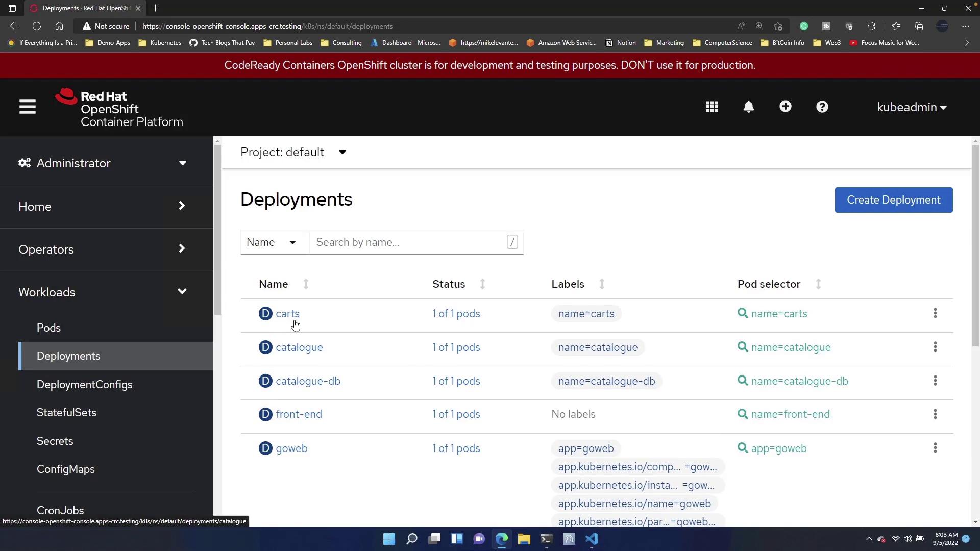 The image shows the Red Hat OpenShift Container Platform interface displaying a list of deployments with their names, status, labels, and pod selectors.