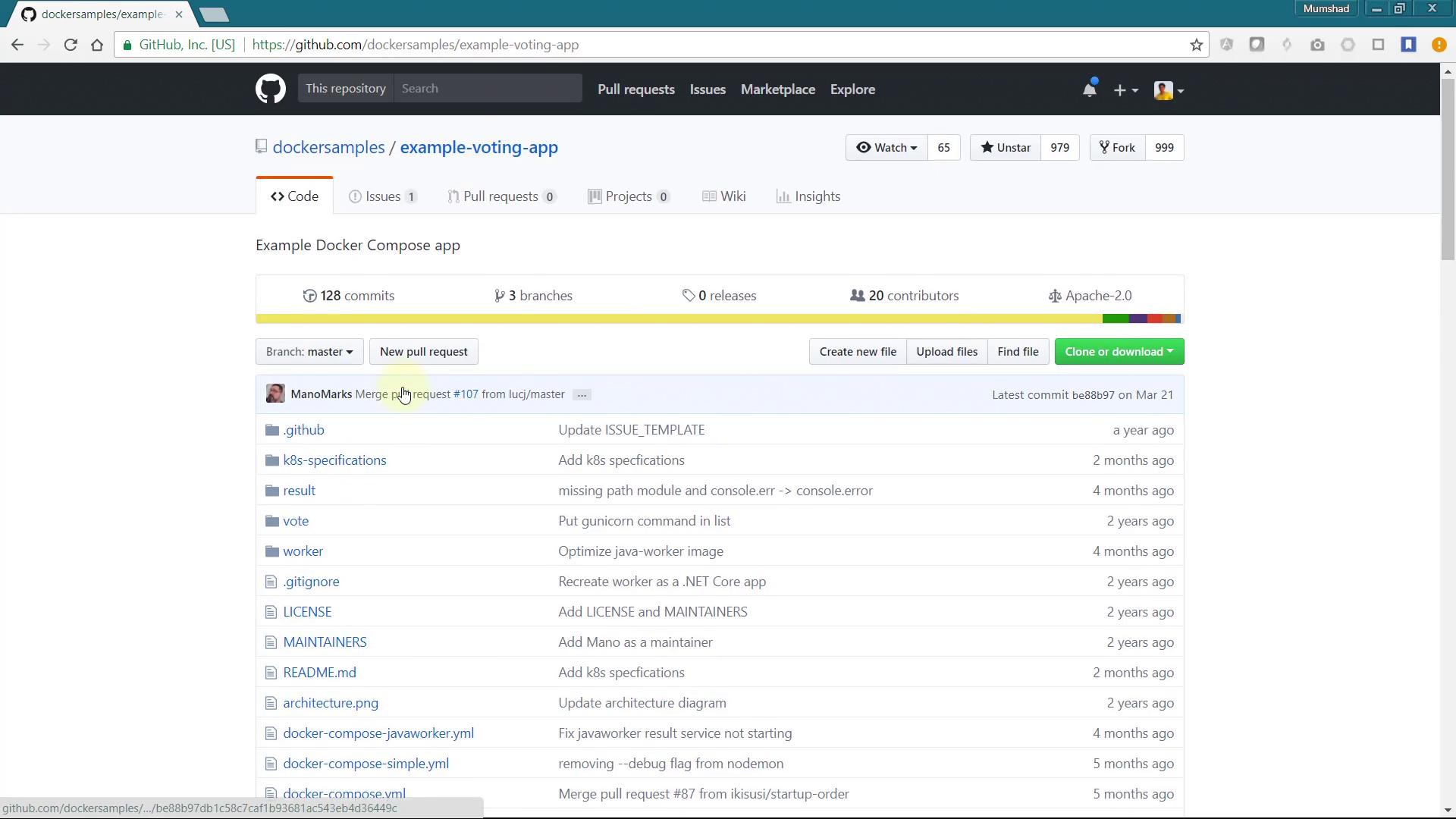 The image shows a GitHub repository page for "example-voting-app" by "dockersamples," displaying files and folders along with commit history and repository details.