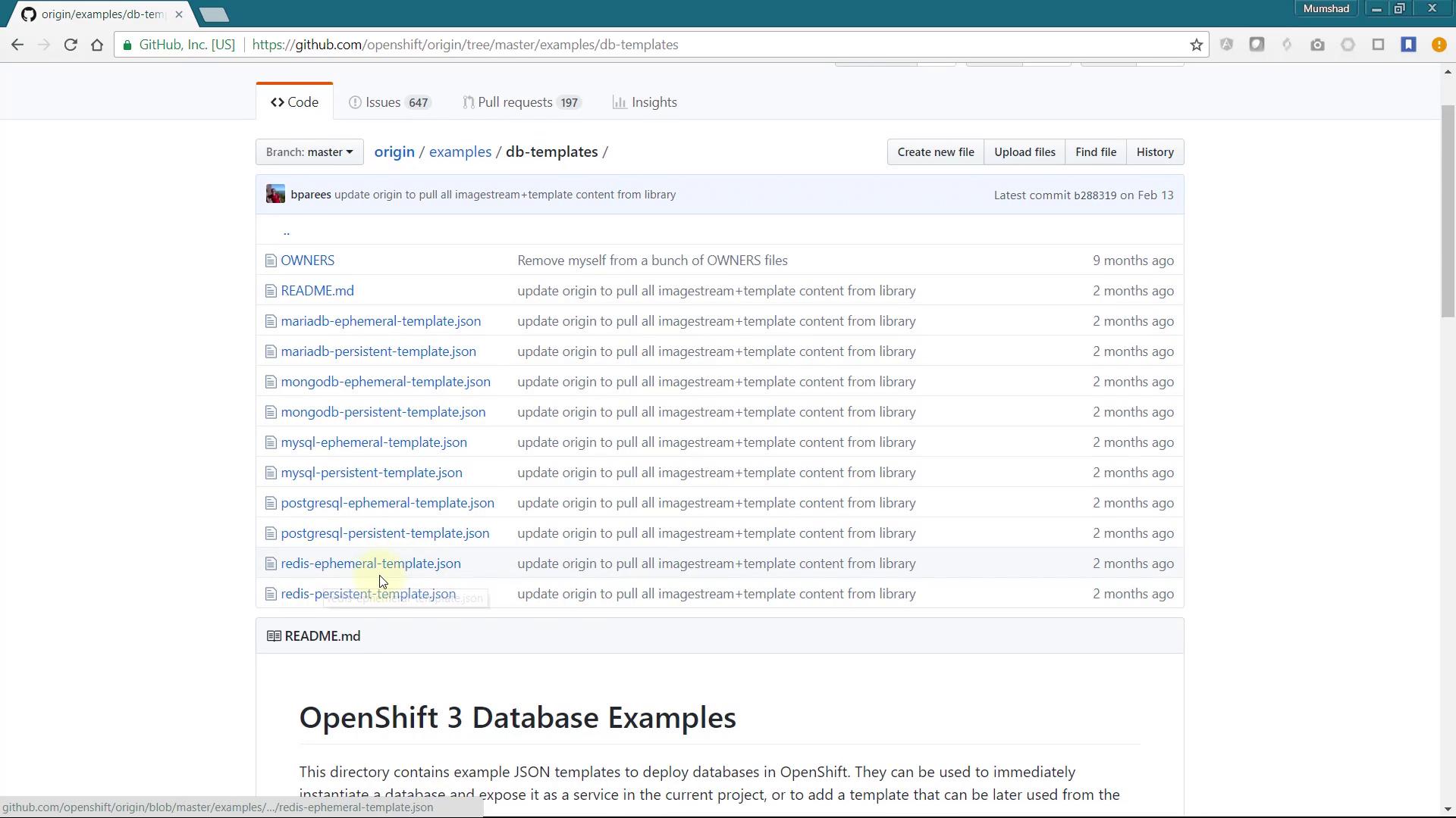 The image shows a GitHub repository page for OpenShift database examples, listing various JSON template files for different databases like MariaDB, MongoDB, MySQL, PostgreSQL, and Redis.