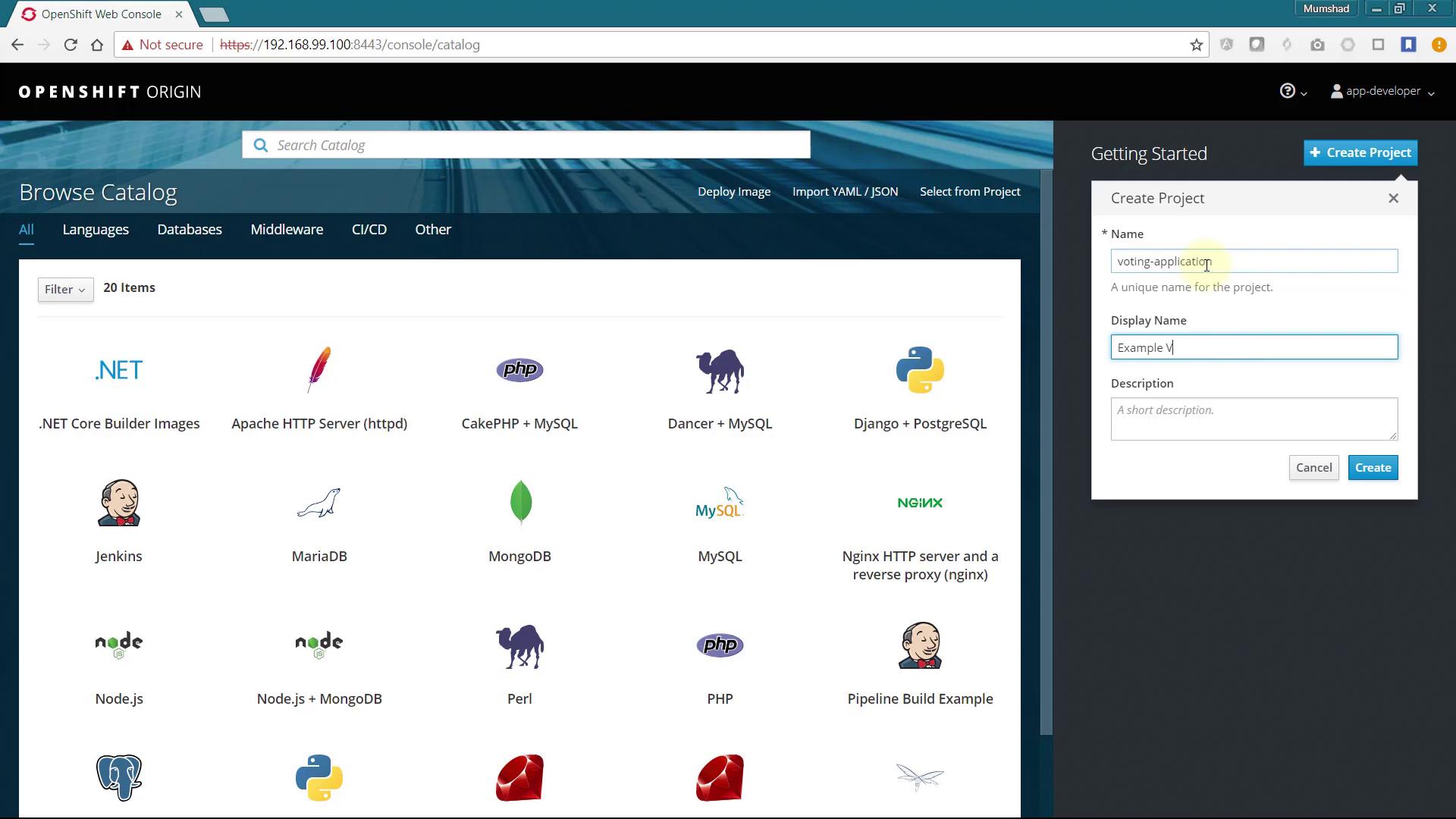 The image shows the OpenShift Origin web console with a catalog of software options like .NET, Apache HTTP Server, and Jenkins. A "Create Project" dialog is open on the right, with fields for project name, display name, and description.