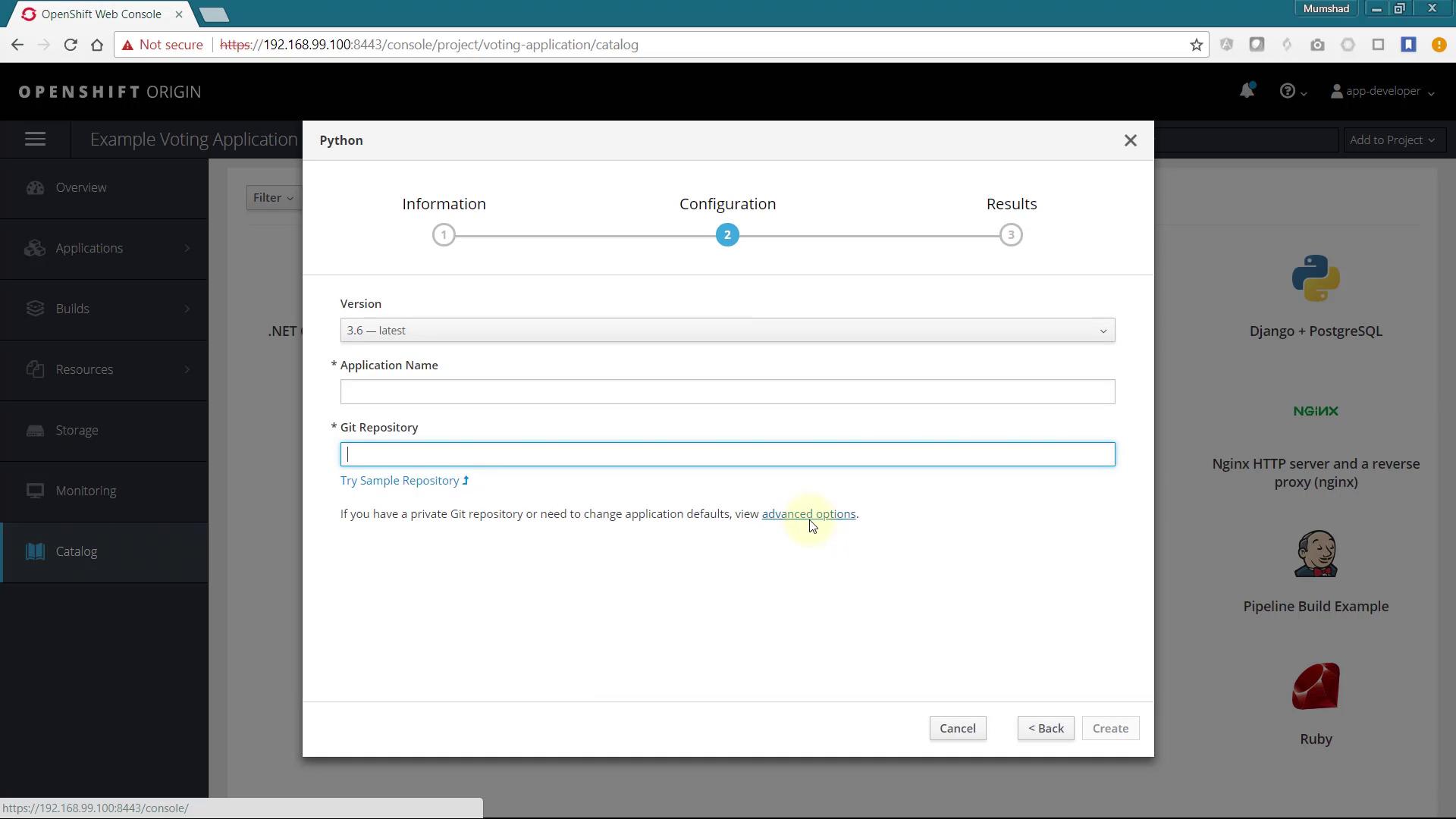 The image shows the OpenShift Web Console with a dialog box for creating a Python application, prompting for version, application name, and Git repository details.