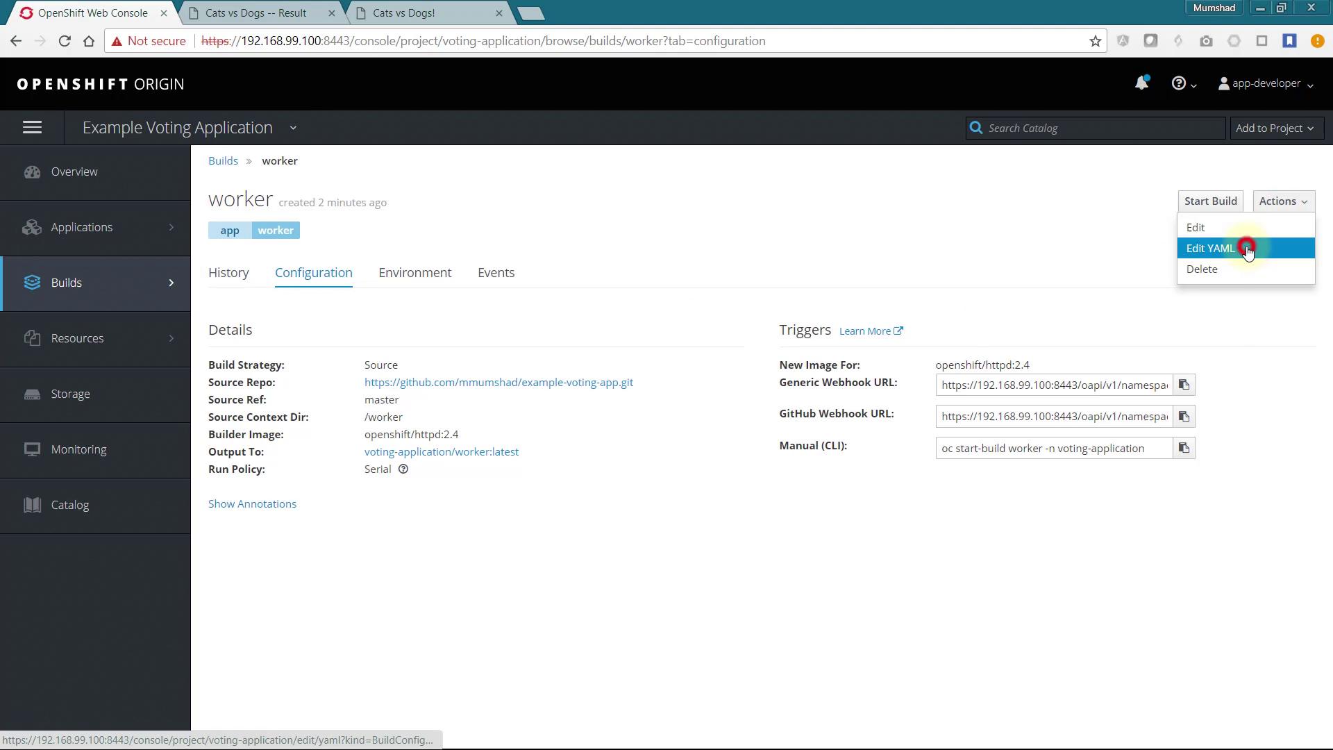 The image shows the OpenShift web console displaying the configuration details for a build named "worker" in an example voting application project. It includes information about the build strategy, source repository, and triggers, with options to edit or delete the configuration.