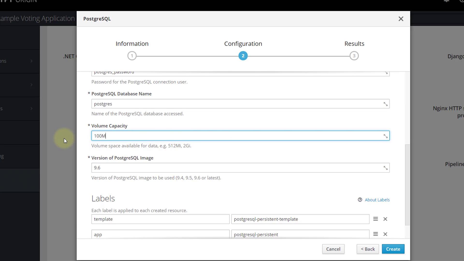 The image shows a configuration screen for setting up a PostgreSQL database, including fields for database name, volume capacity, and version selection. It also includes options for labeling the created resource.