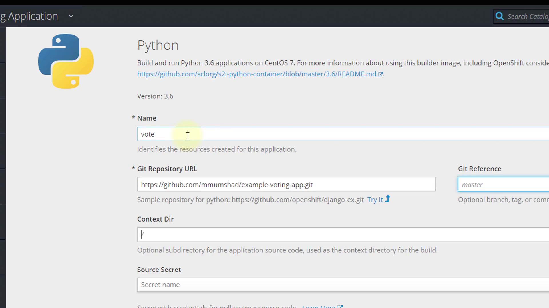 The image shows a setup screen for building a Python 3.6 application on CentOS 7, with fields for the application name, Git repository URL, and other configuration options.