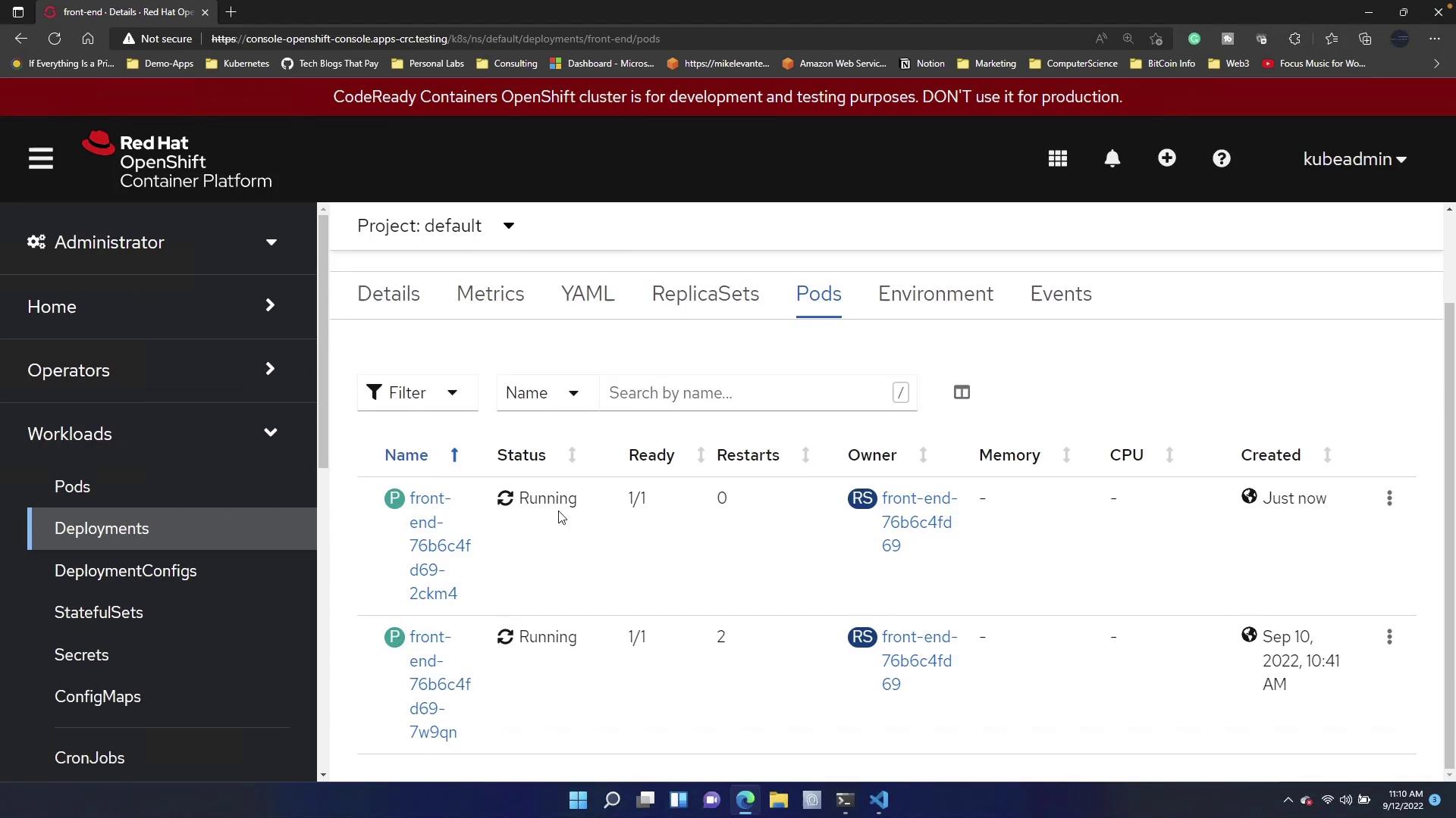 The image shows a Red Hat OpenShift Container Platform interface displaying details of running pods within a project. It includes information such as pod names, status, readiness, restarts, and creation time.