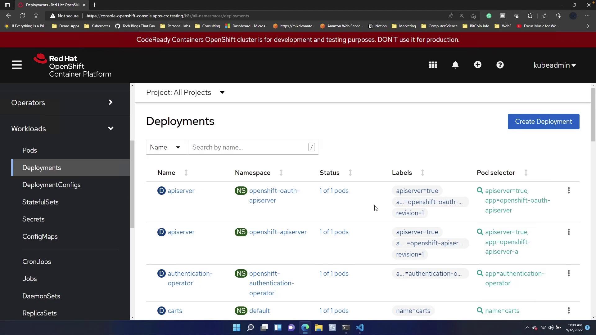 The image shows the Red Hat OpenShift Container Platform interface, specifically the "Deployments" section, listing various deployments with details like name, namespace, status, labels, and pod selector.
