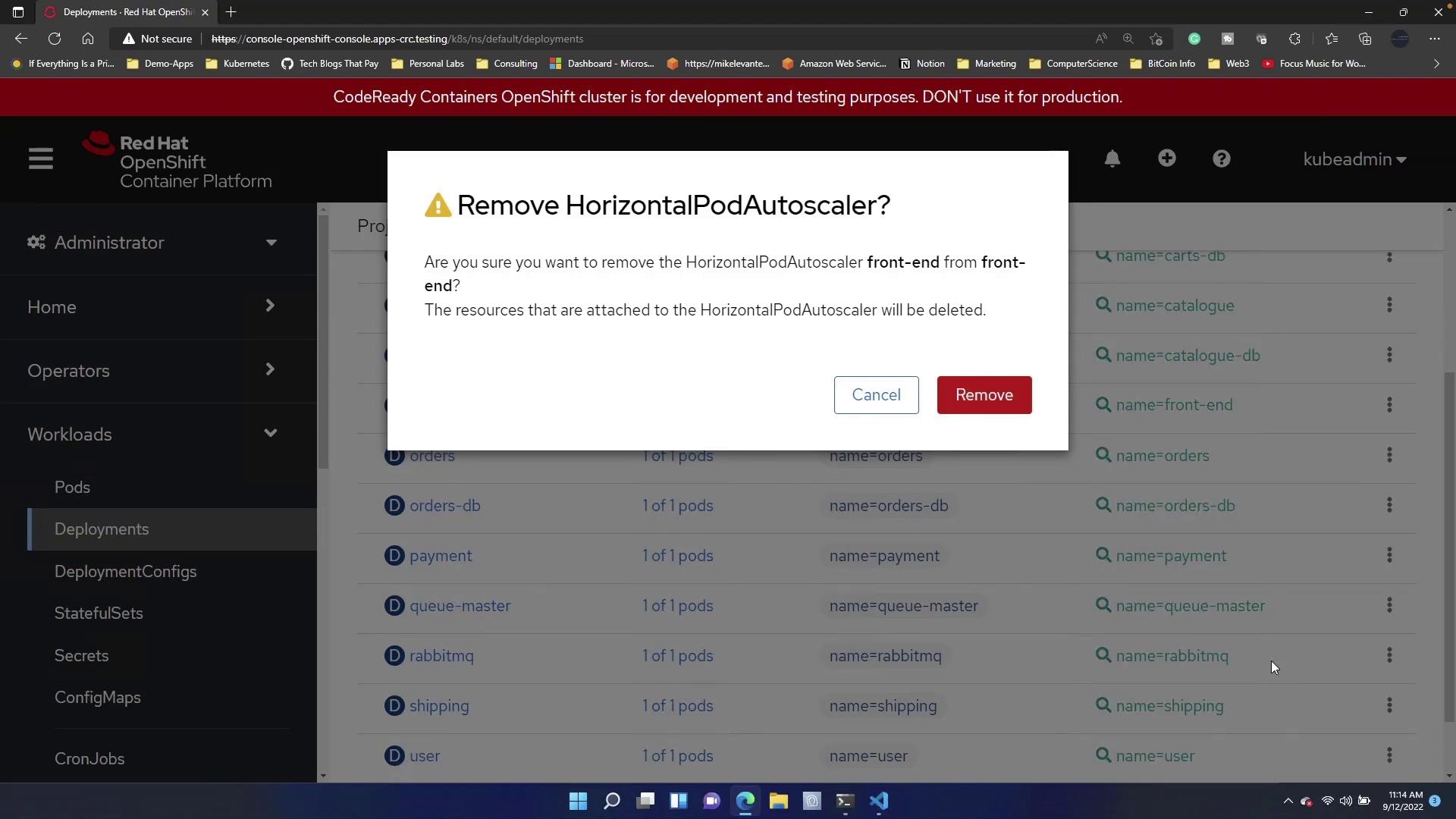 The image shows a Red Hat OpenShift Container Platform interface with a confirmation dialog asking if the user wants to remove the HorizontalPodAutoscaler from the front-end. The dialog offers options to cancel or remove.