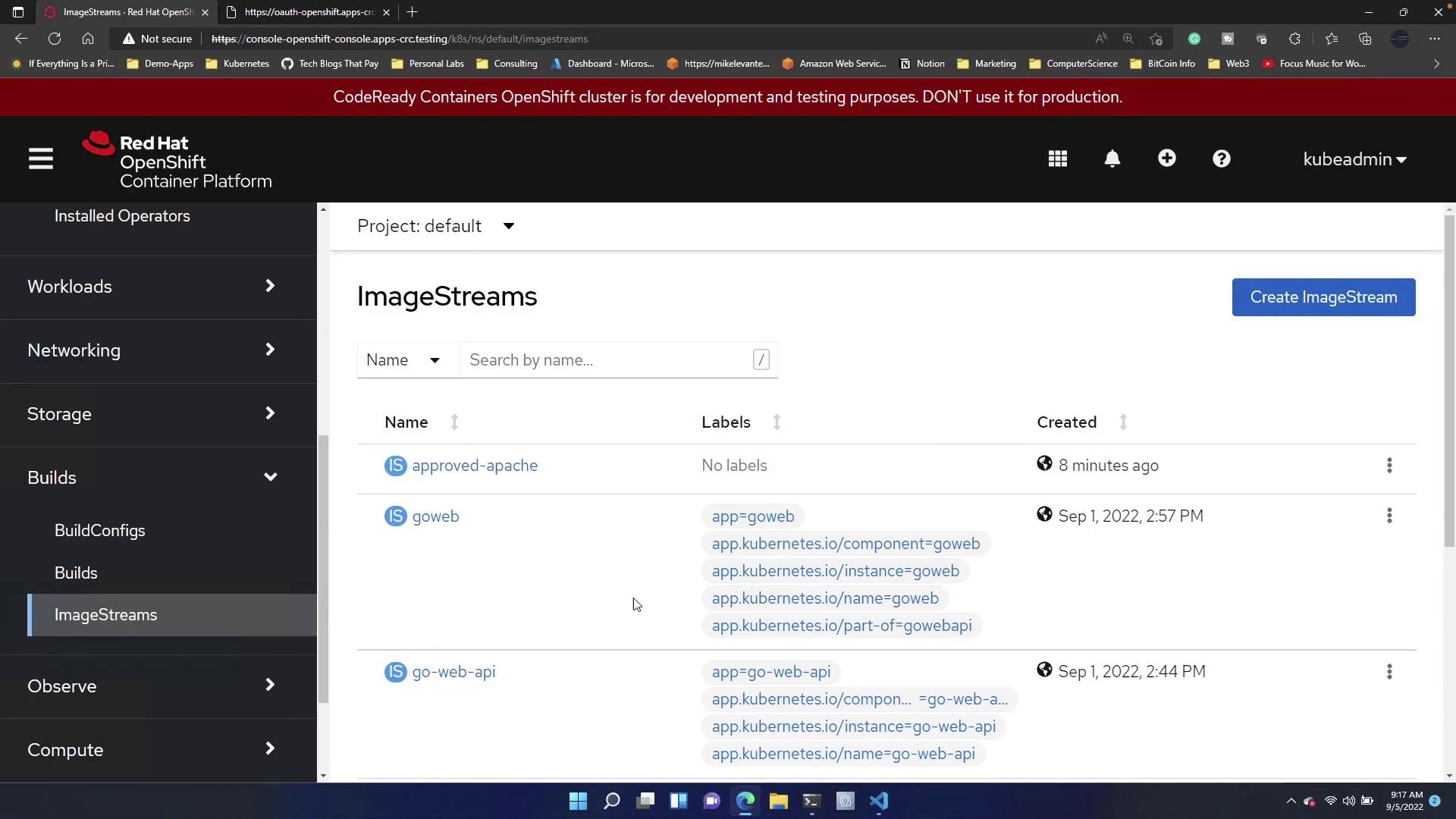 The image shows the Red Hat OpenShift Container Platform interface, specifically the "ImageStreams" section, listing image streams like "approved-apache" and "goweb" with their creation times and labels.