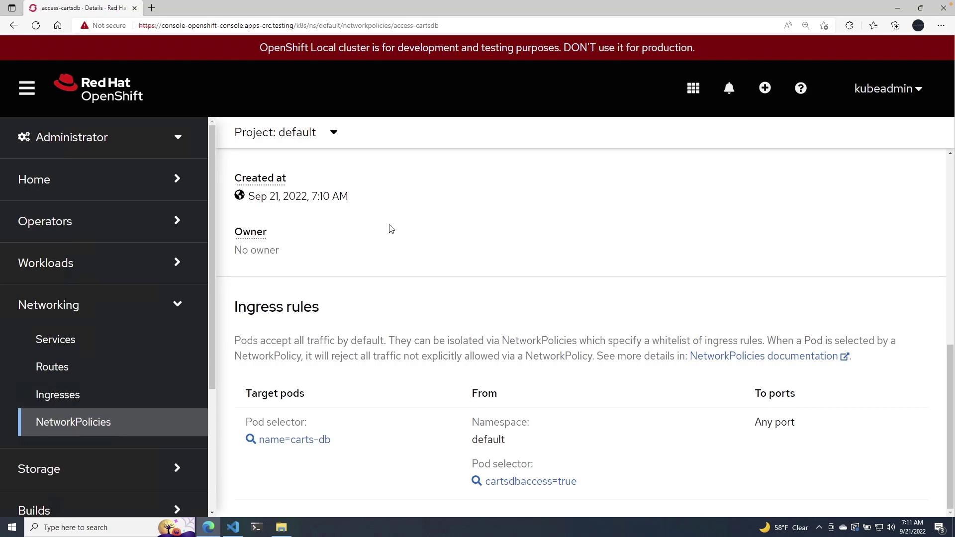 The image shows a Red Hat OpenShift console displaying network policy details, including ingress rules for a project named "default." It specifies target pods and their selectors, with a warning that the local cluster is for development and testing purposes only.