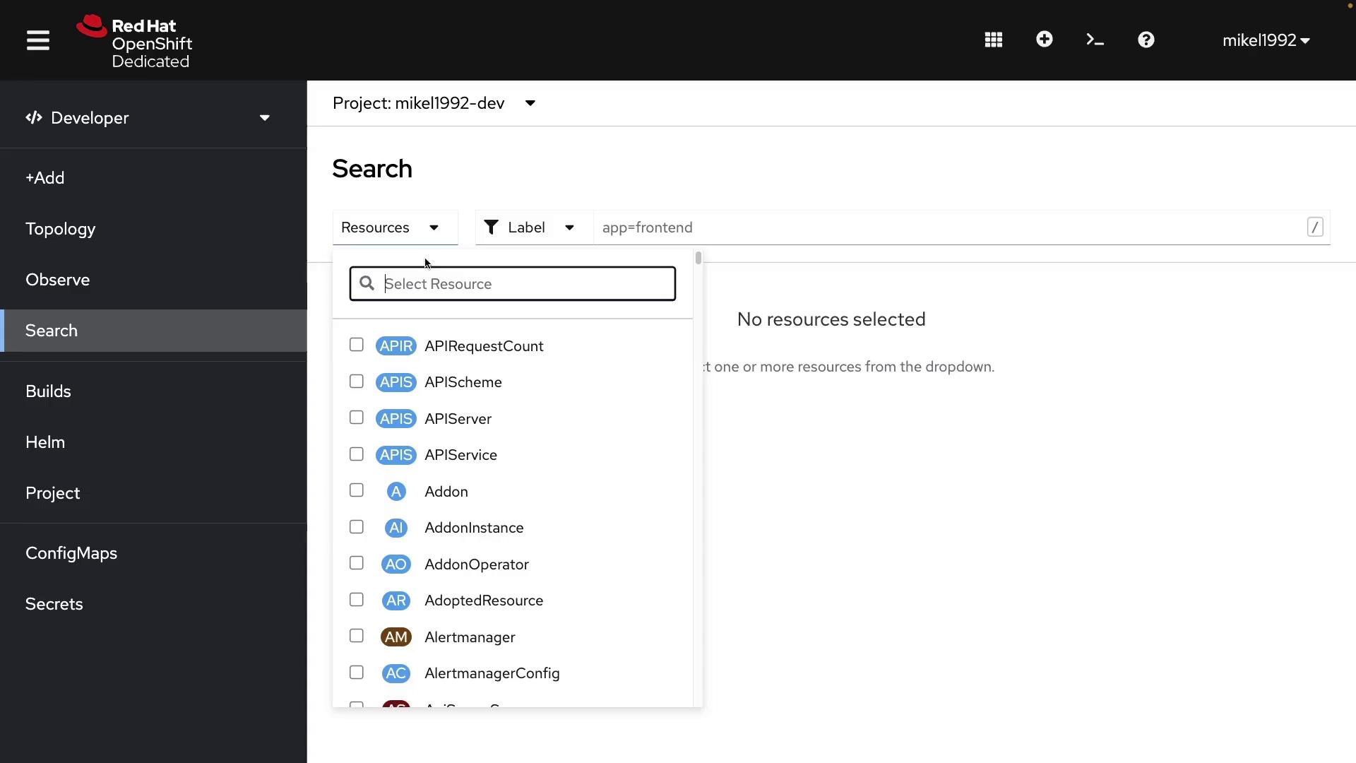 The image shows a Red Hat OpenShift Dedicated interface with a search panel for selecting resources, displaying a dropdown list of available resources. The left sidebar includes options like Topology, Observe, Builds, and more.
