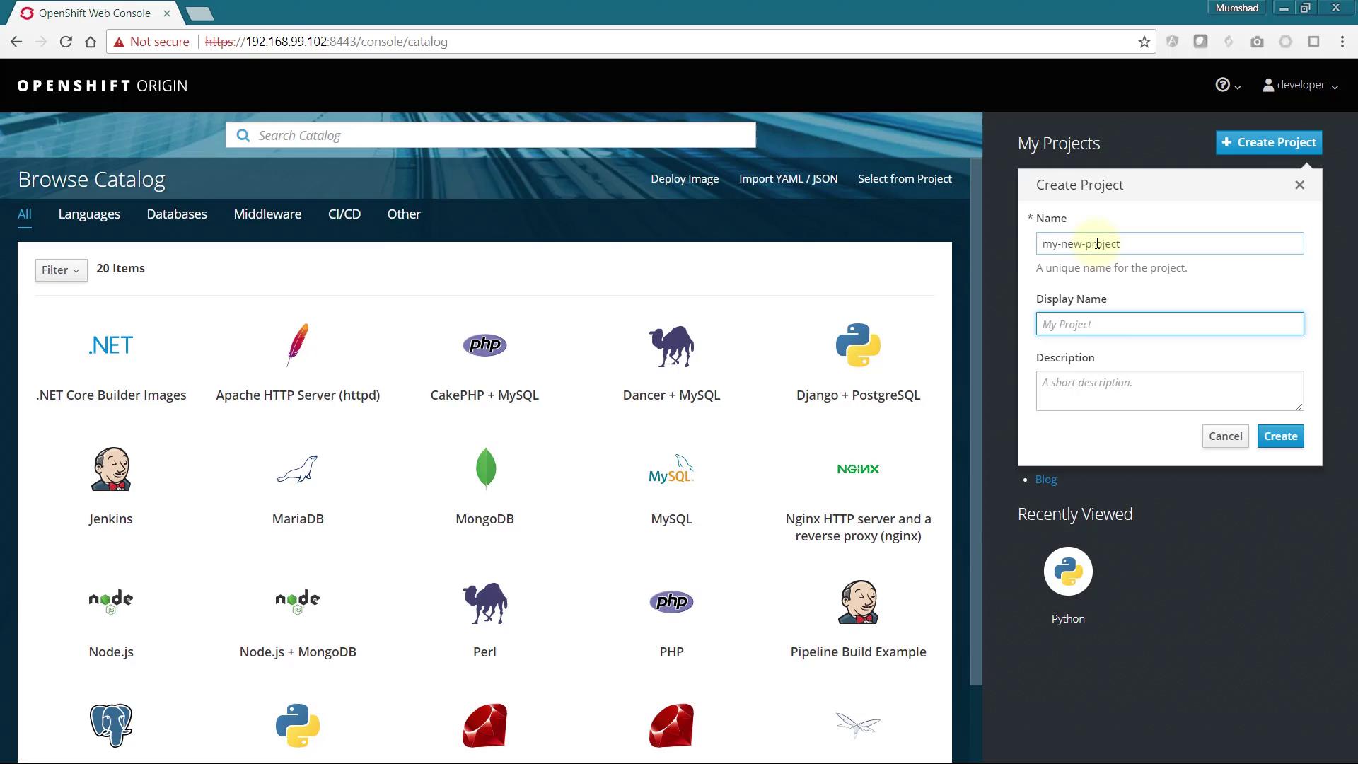 The image shows the OpenShift Origin web console with a catalog of software options like .NET, Apache HTTP Server, and Jenkins. On the right, there's a panel for creating a new project with fields for name, display name, and description.