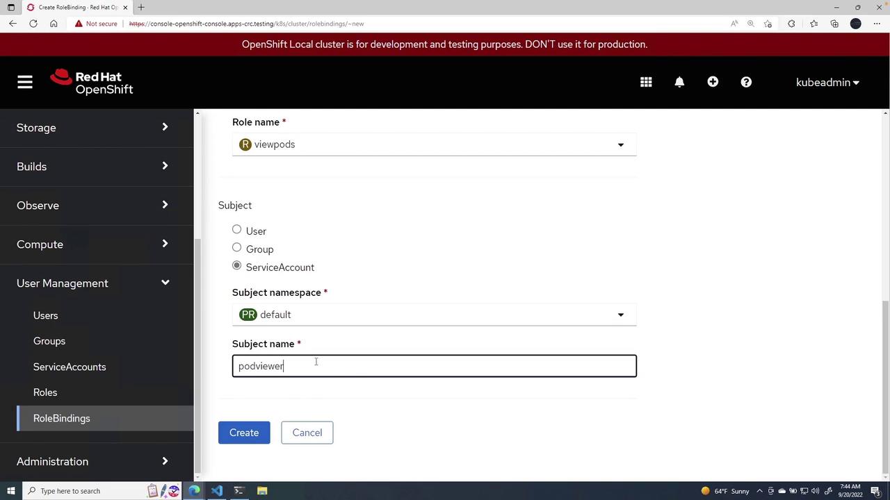 The image shows a Red Hat OpenShift interface for creating a role binding, with fields for role name, subject type, namespace, and subject name. The role name is set to "viewpods," and the subject name is "podviewer."