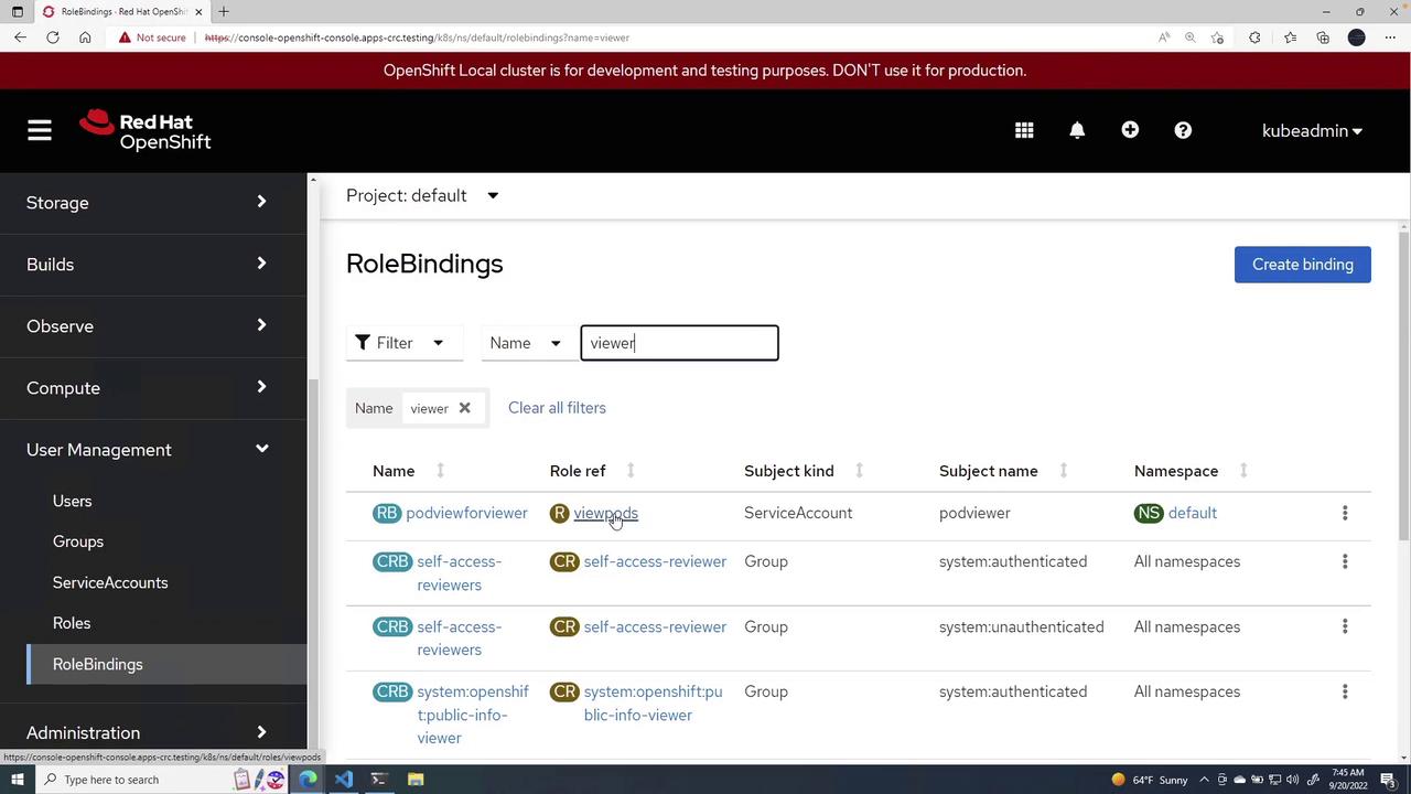 The image shows a Red Hat OpenShift interface displaying a list of role bindings filtered by the name "viewer." It includes details such as role references, subject kinds, subject names, and namespaces.