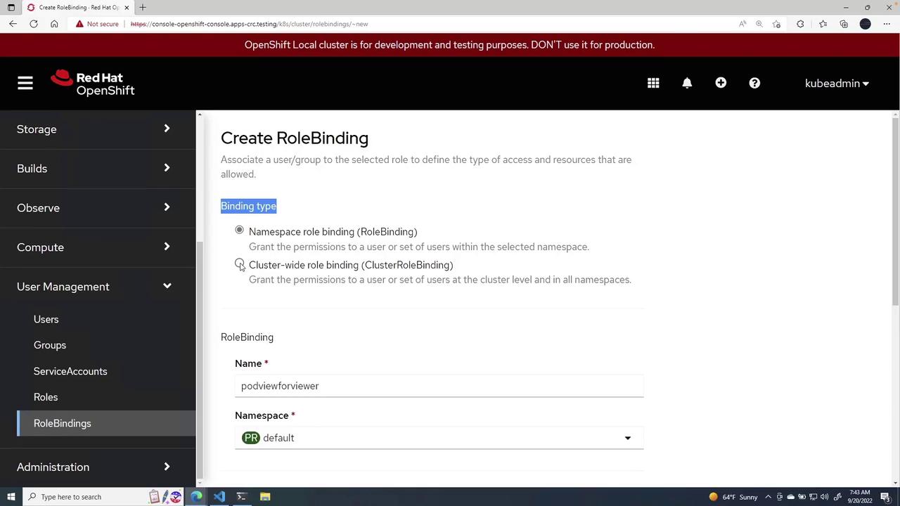 The image shows a Red Hat OpenShift interface for creating a RoleBinding, allowing users to define access types and resources. It includes options for namespace or cluster-wide role binding and fields for specifying the role name and namespace.