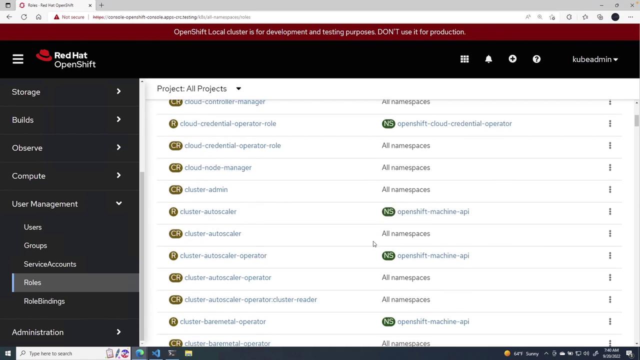 The image shows a Red Hat OpenShift web interface displaying a list of roles and their associated namespaces. The interface includes a sidebar with various management options.