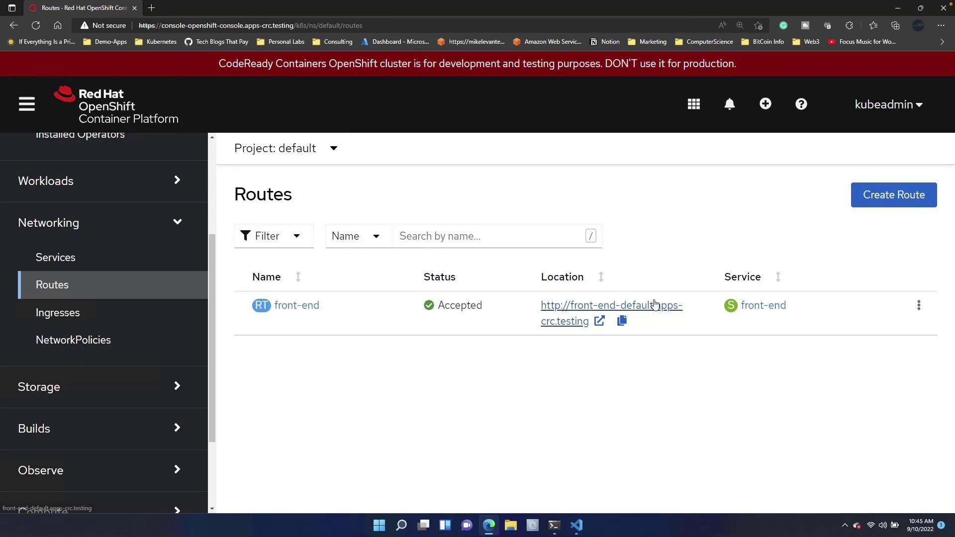 The image shows a Red Hat OpenShift Container Platform interface displaying a list of routes. It includes a route named "front-end" with an accepted status and a specified location URL.
