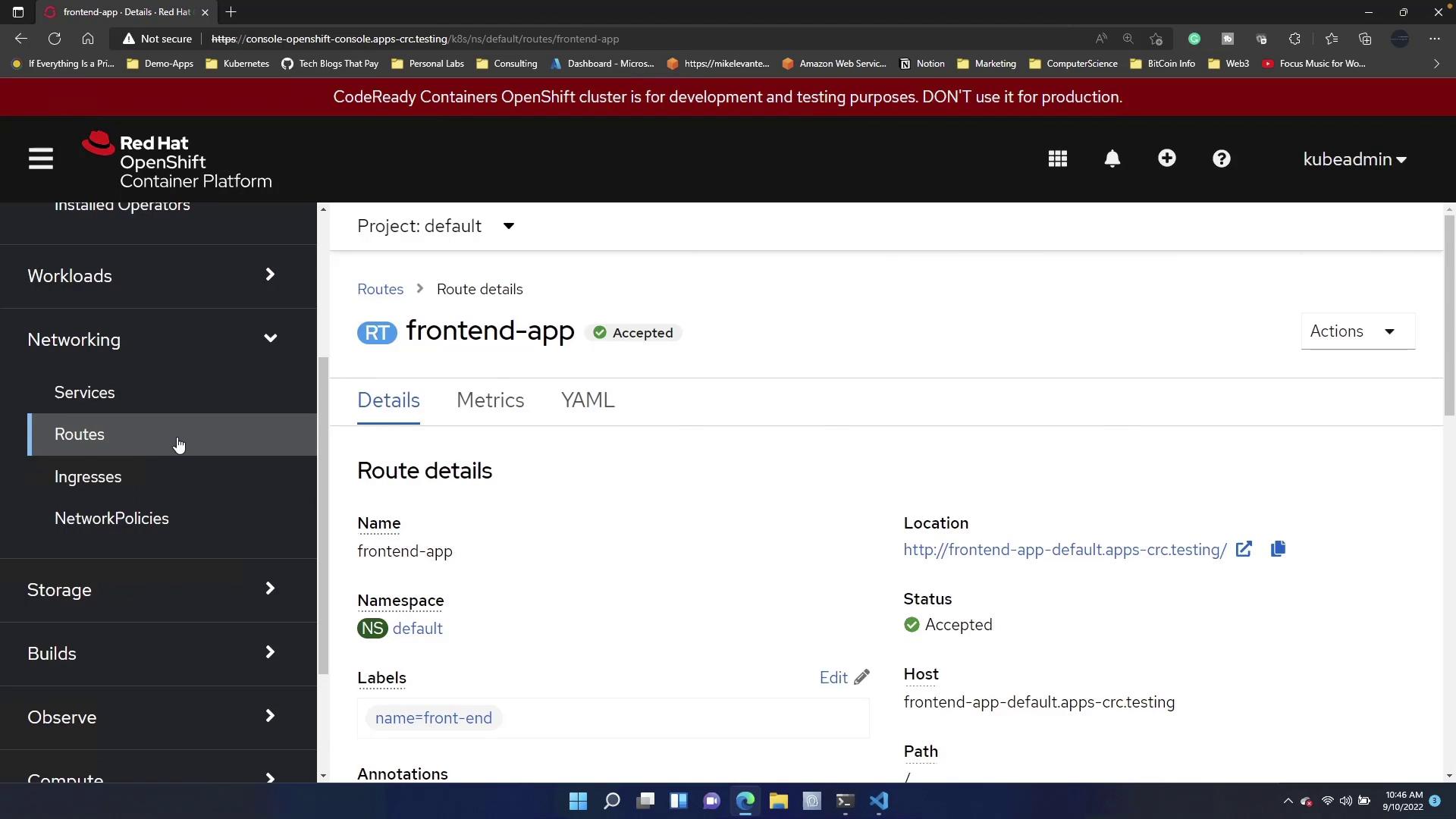 The image shows a Red Hat OpenShift Container Platform interface displaying route details for a project named "frontend-app," which is marked as accepted. The interface includes navigation options for workloads, networking, and other features.