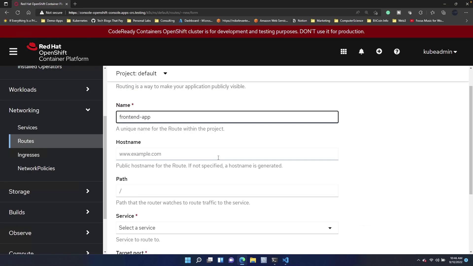 The image shows a Red Hat OpenShift Container Platform interface where a user is configuring a route for a project. The form includes fields for the route name, hostname, path, and service selection.