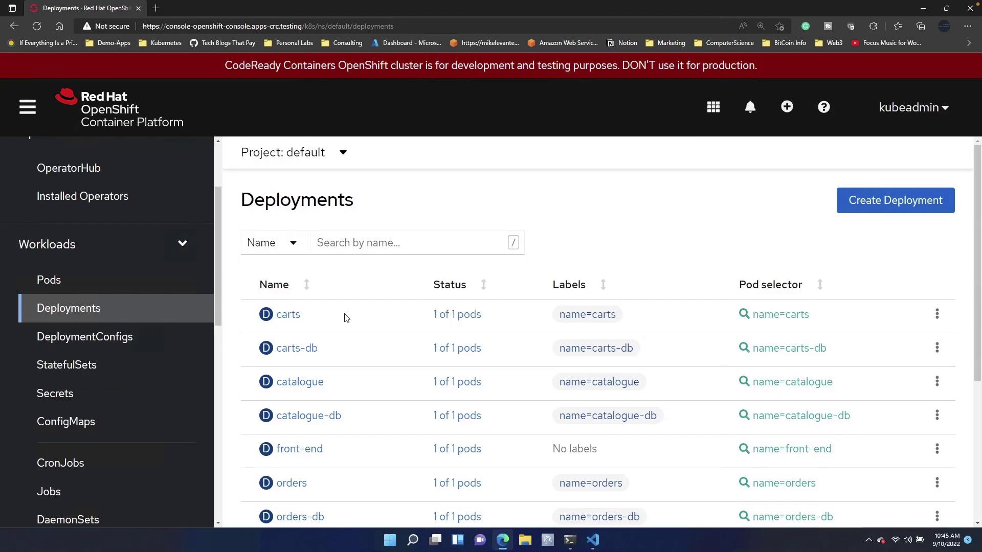 The image shows a Red Hat OpenShift Container Platform interface displaying a list of deployments with their names, status, labels, and pod selectors.