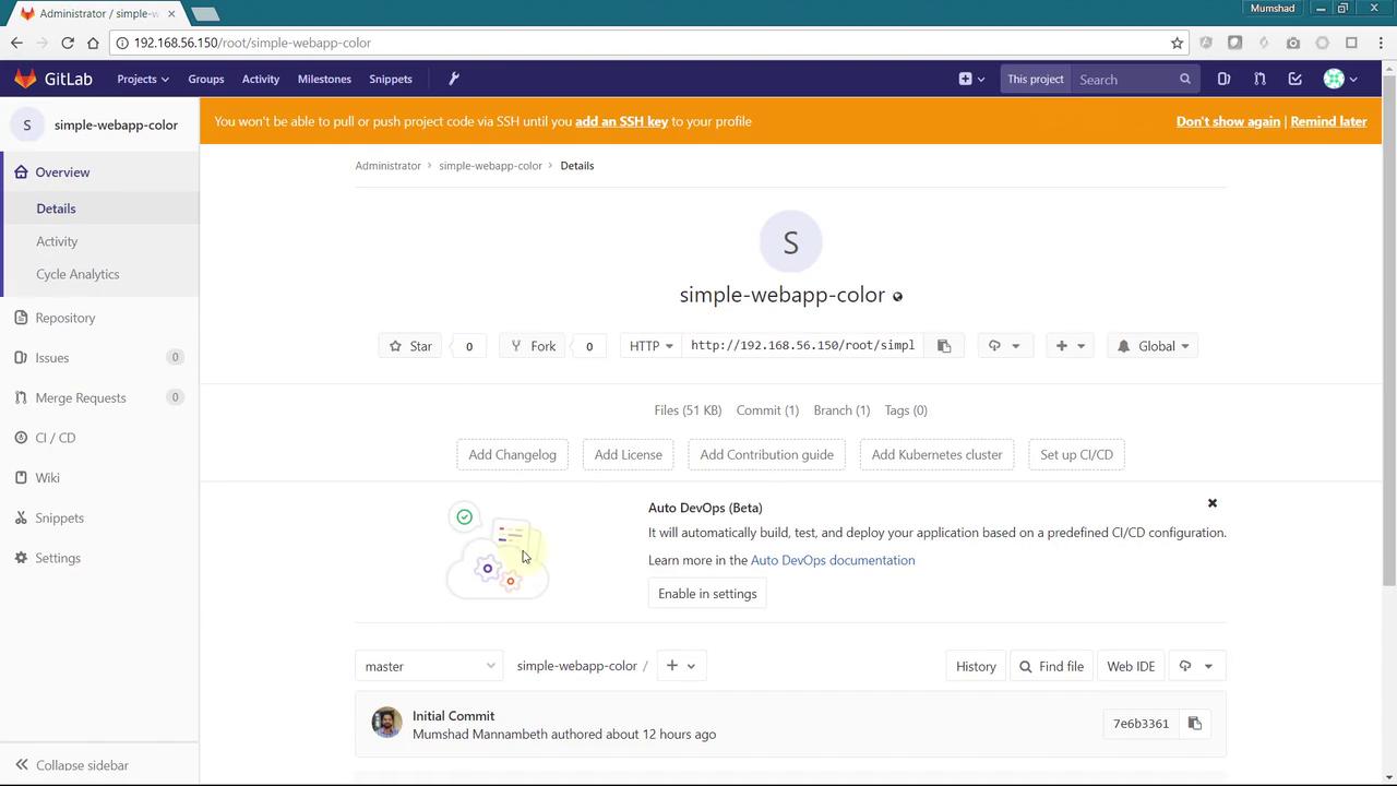 The image shows a GitLab project page for "simple-webapp-color," displaying options for repository management, CI/CD setup, and project details. An alert at the top indicates the need to add an SSH key for code operations.