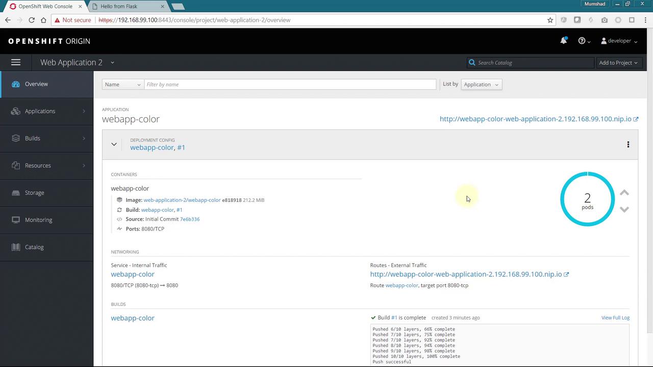 The image shows the OpenShift Origin web console displaying details of a project named "webapp-color," including deployment configurations, container information, and networking details. It indicates that there are 2 pods running for this application.