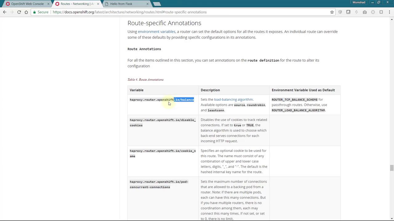The image shows a webpage from the OpenShift documentation, specifically detailing route-specific annotations with a table listing variables, descriptions, and default environment variables.