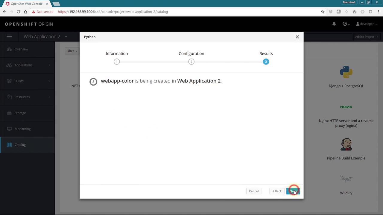 The image shows an OpenShift Origin web console where a Python application named "webapp-color" is being created in "Web Application 2." The interface displays a progress bar with steps labeled Information, Configuration, and Results.